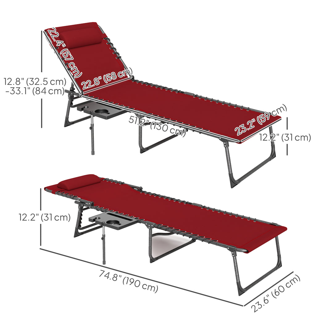 Folding Lounge Chair, Outdoor Chaise Lounge Tanning Chair with Adjustable Back, Side Table, Headrest, Red