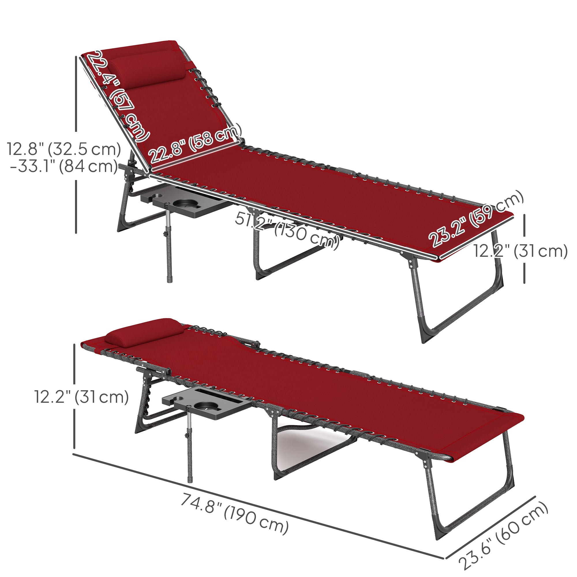 Folding Lounge Chair, Outdoor Chaise Lounge Tanning Chair with Adjustable Back, Side Table, Headrest, Red