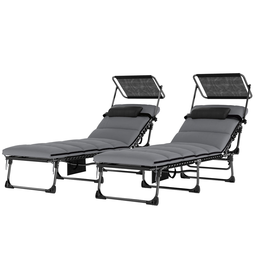 Outdoor Chaise Lounge Chairs, 2 PCS Folding Lounge Chairs with Adjustable 5-Position, Cushion, Canopy, Side Pocket