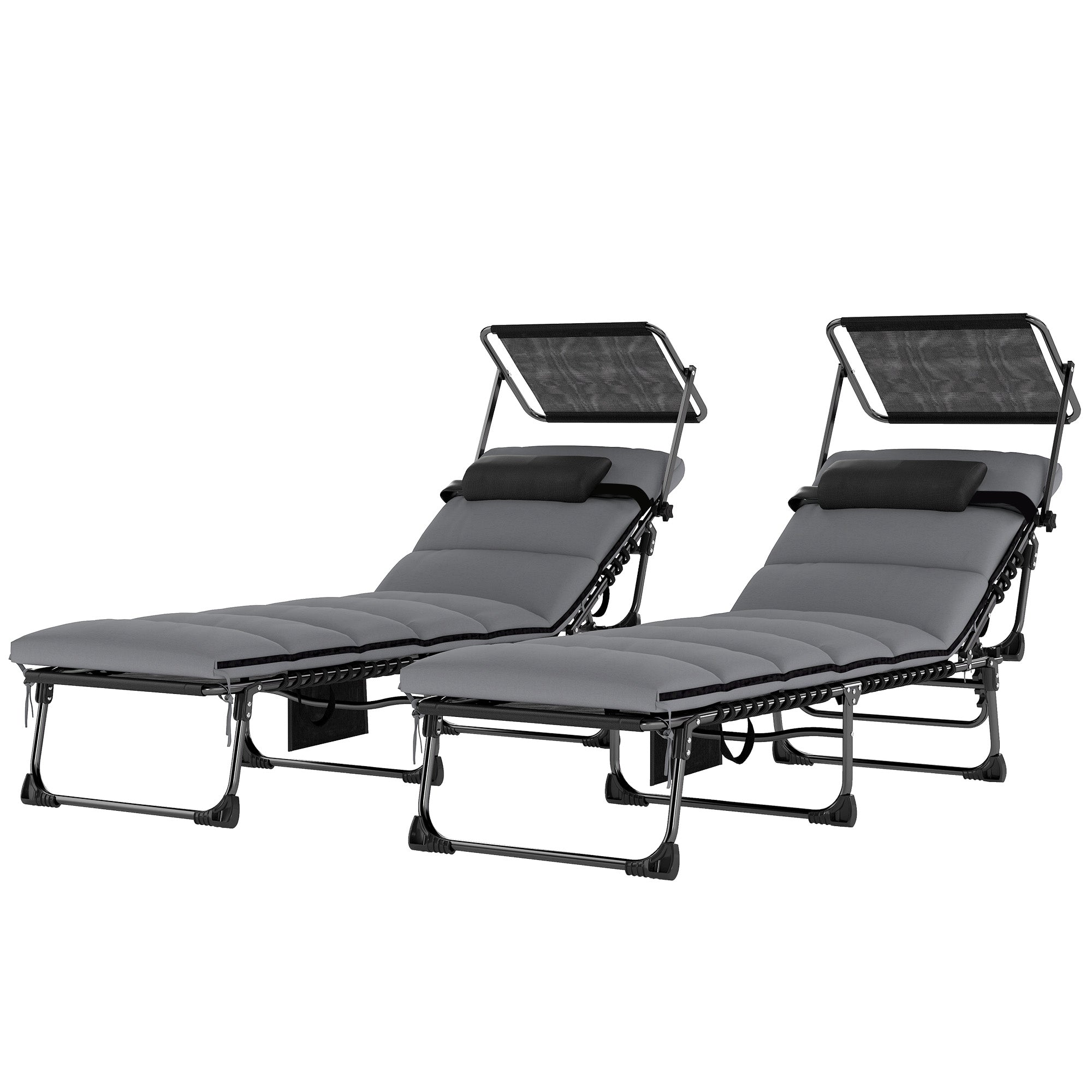 Outdoor Chaise Lounge Chairs, 2 PCS Folding Lounge Chairs with Adjustable 5-Position, Cushion, Canopy, Side Pocket
