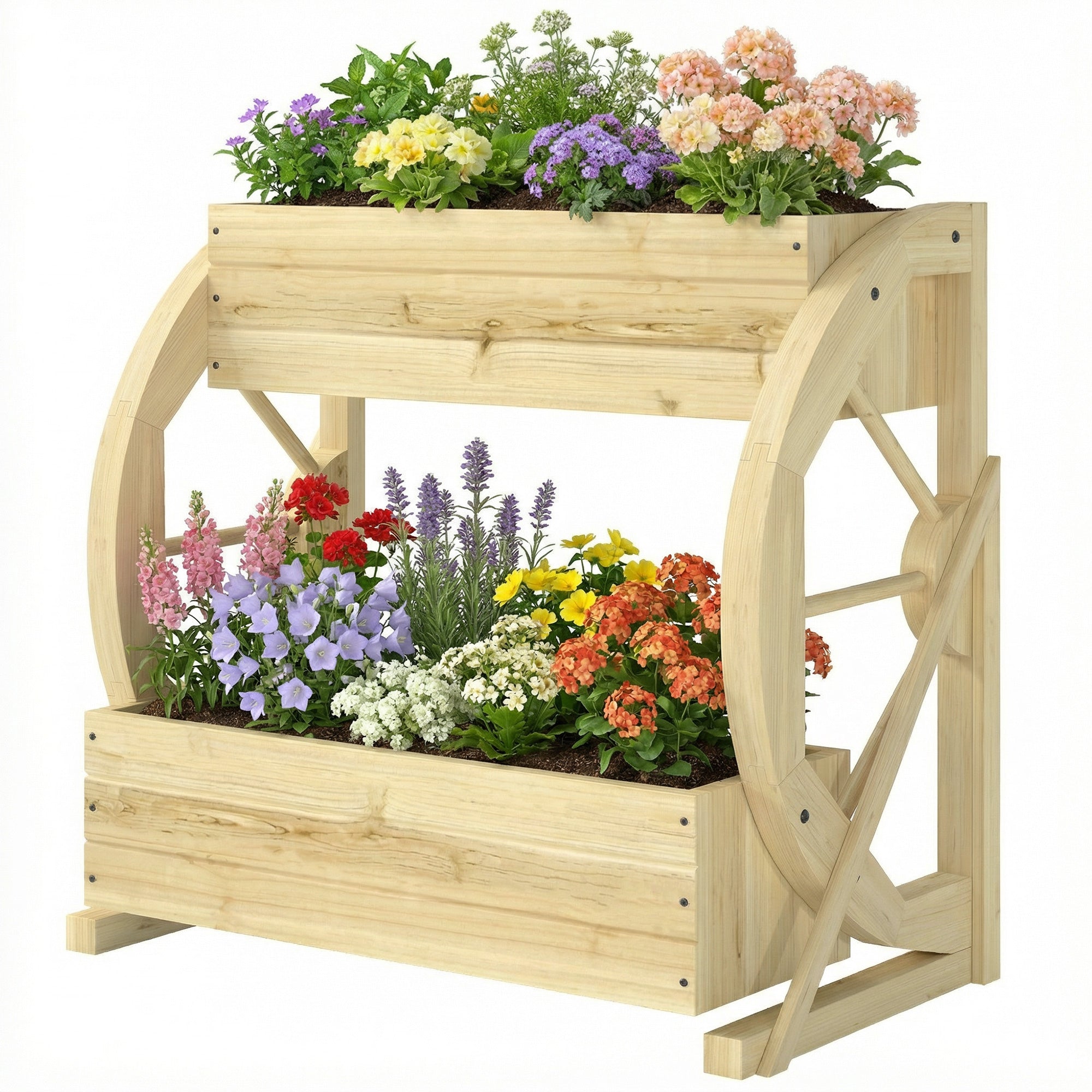 Wooden Wagon Planter Box, 2-Tier Raised Garden Bed, for Vegetables Flowers Herbs, Natural
