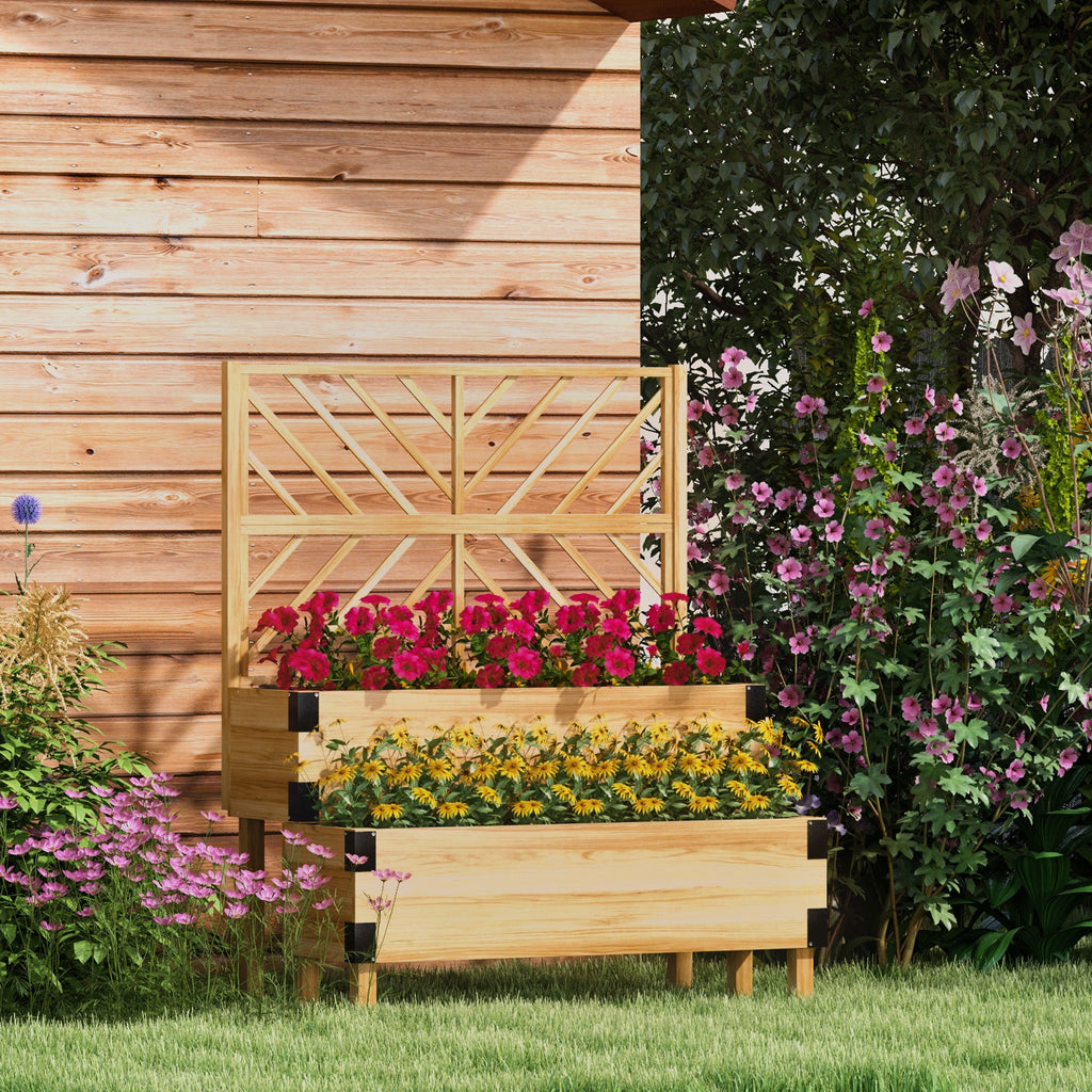 Raised Garden Bed with Trellis, 2 Tier Wooden Elevated Planter Box, for Vegetables, Flowers, Herbs, Natural