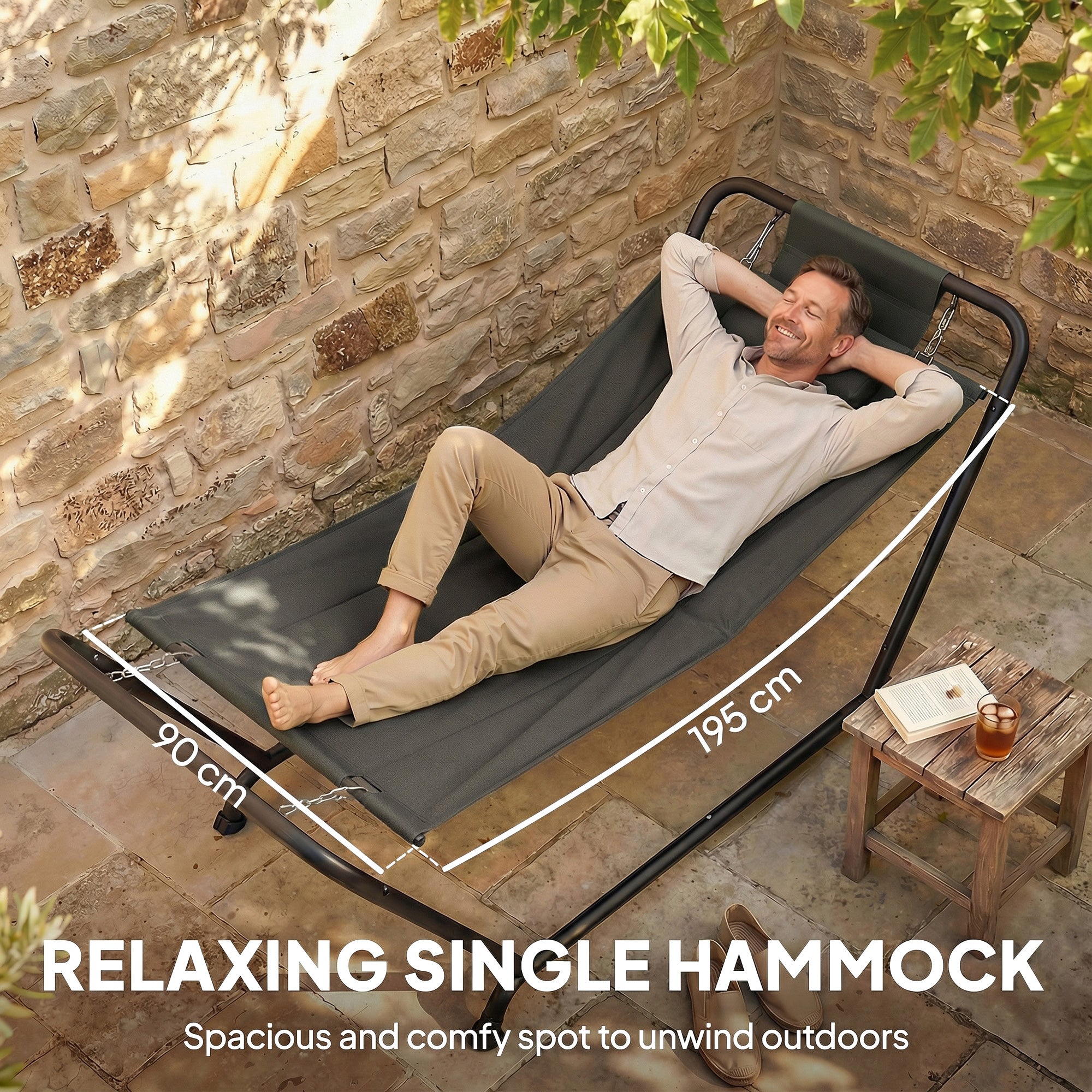 Outdoor Hammock with Stand Heavy Duty Freestanding Nap Bed with Side Pocket Headrest for Yard Patio Pool, Dark Grey