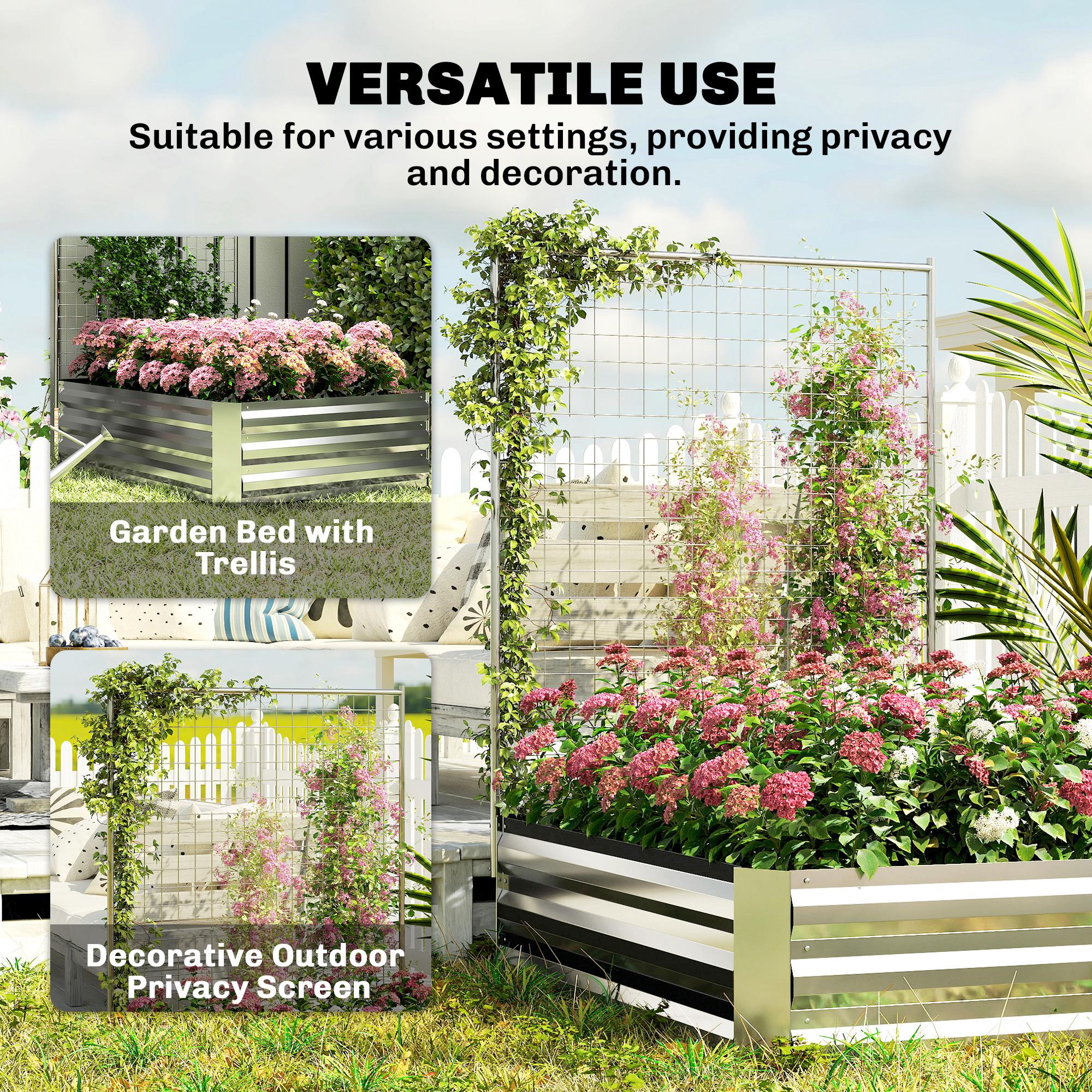 Galvanized Raised Garden Bed with Trellis for Climbing Plants, Outdoor Planter Box with Open Bottom, Silver