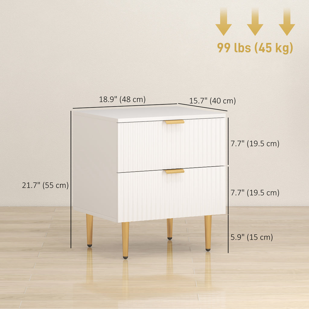 Bedside Table, Modern Nightstand with 2 Drawers, Side End Table with Metal Legs for Living Room, Bedroom, White