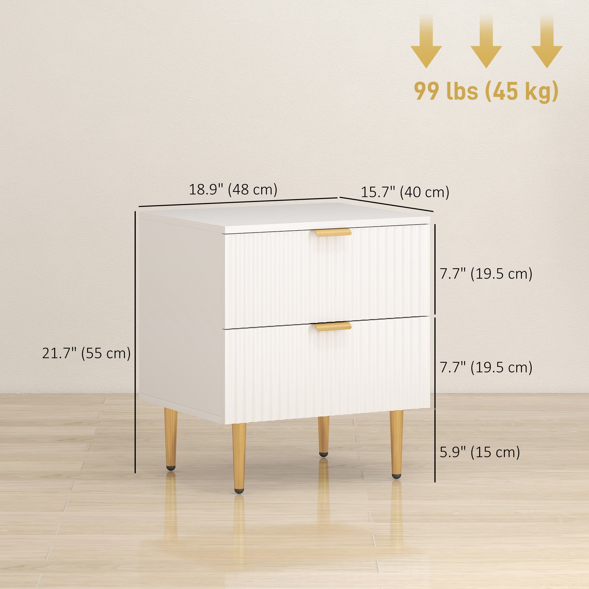 Bedside Table, Modern Nightstand with 2 Drawers, Side End Table with Metal Legs for Living Room, Bedroom, White