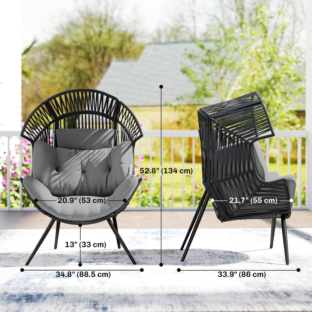 Wicker Egg Chair, Indoor Outdoor Rattan Lounge Chair with Thick Cushion and Headrest, Steel Frame, Adjustable Pads, Grey