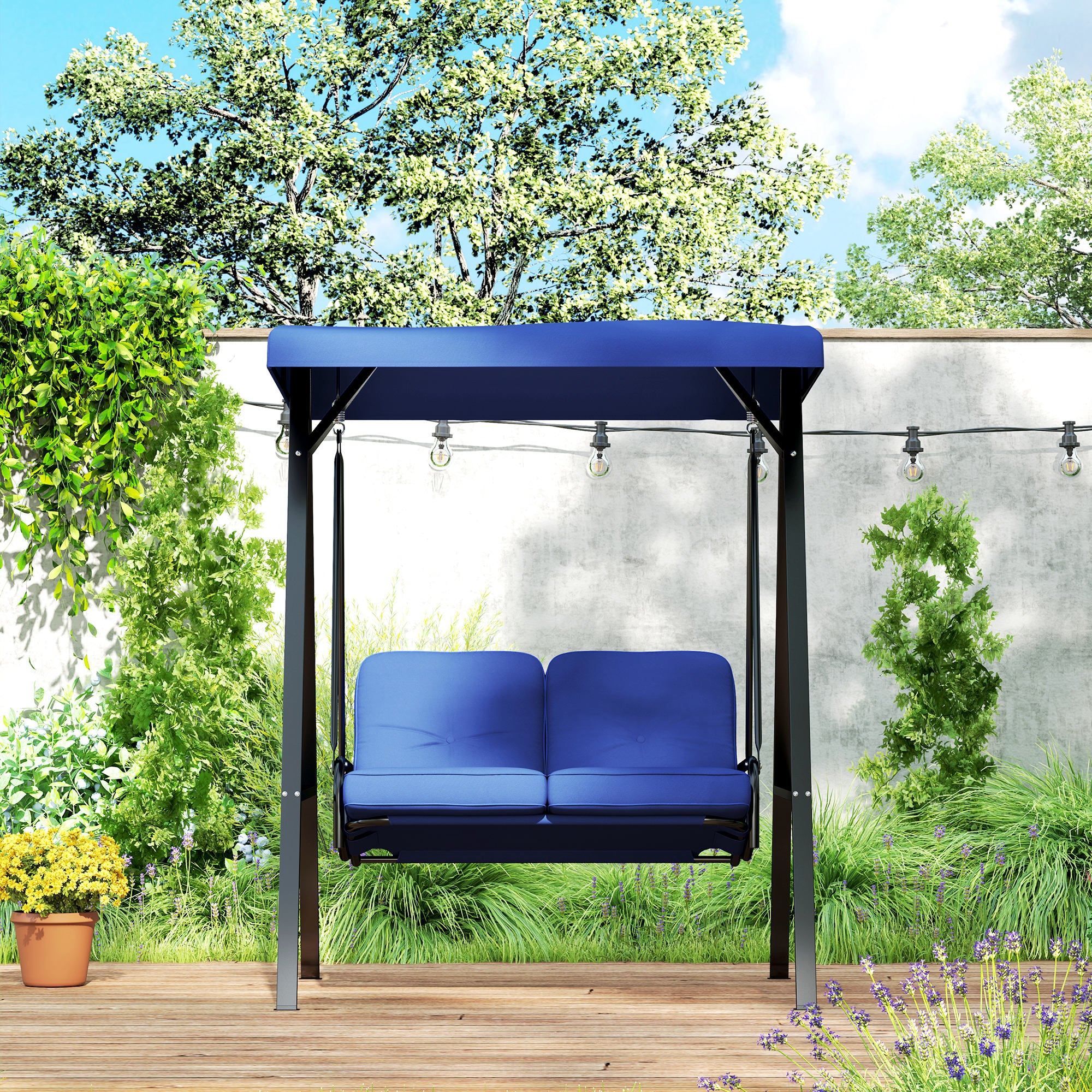 2-Seater Outdoor Porch Swing with Adjustable Canopy, Patio Swing Chair for Garden, Poolside, Backyard, Dark Blue