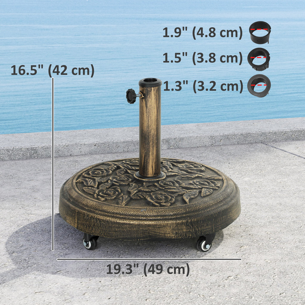 46 lbs Resin Round Patio Umbrella Base, Umbrella Stand with Wheels, Outdoor Umbrella Stand for 1.3"/1.5"/1.9" Umbrella Poles for Outdoor, Lawn, Poolside, Bronze