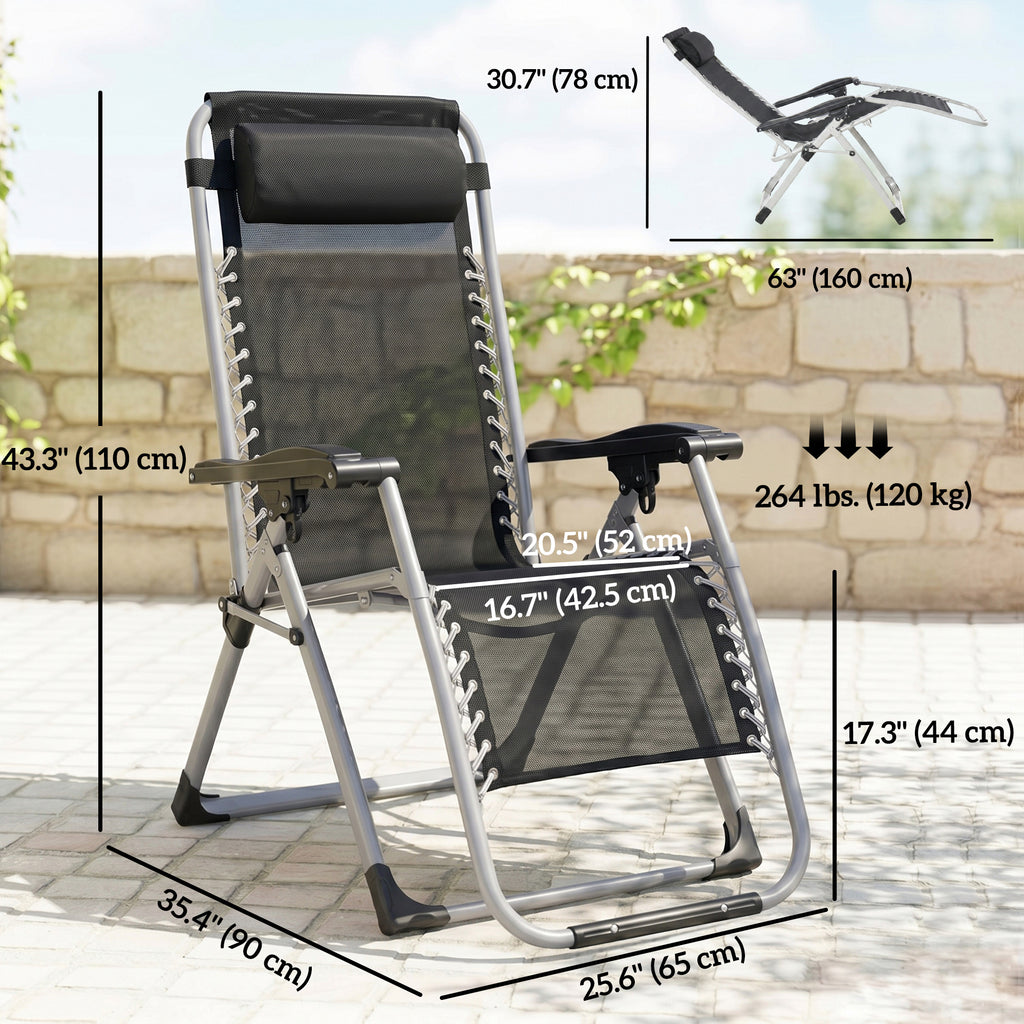 Reclining Zero Gravity Chair with Adjustable Backrest, Folding Garden Sun Lounger, Outdoor Recliner with Removable Cushion and Headrest, Dark Blue