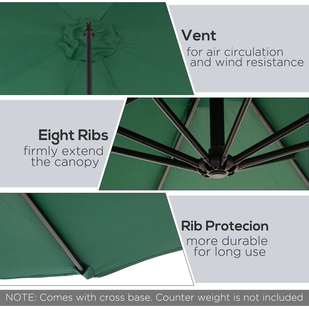 9.7ft Offset Patio UmbrellaCantilever Parasol with Crank Handle, 8 Ribs and Cross Base for Outdoor, Sun Shade, Green