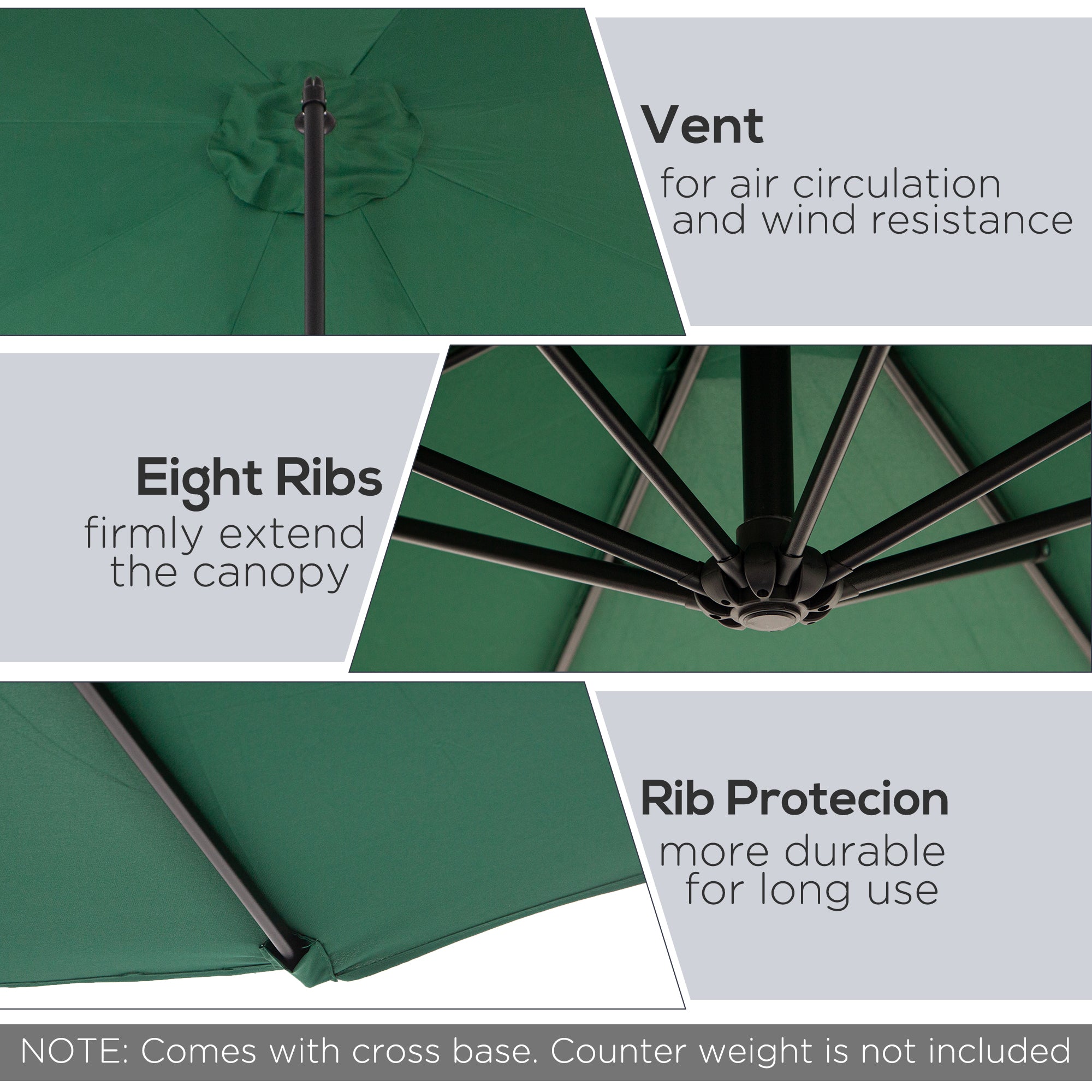 9.7ft Offset Patio UmbrellaCantilever Parasol with Crank Handle, 8 Ribs and Cross Base for Outdoor, Sun Shade, Green