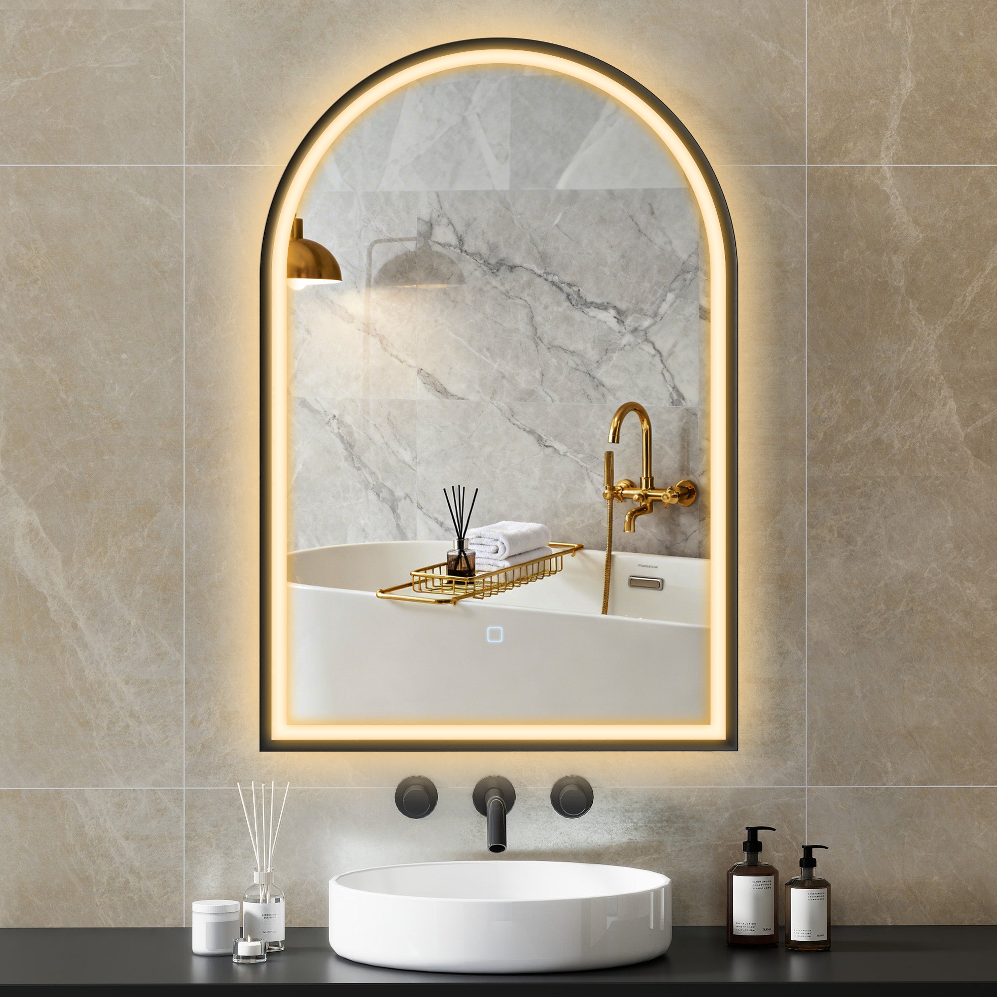 24" x 36" LED Bathroom Mirror, Arched Tempered Glass Wall Mirror, Anti-Fog, Dimmable, Memory Function, Black