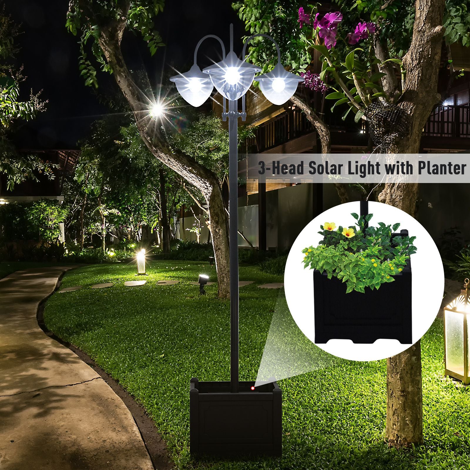 3-head LED Solar Light Lamp Street Light Post with Planter, Solar-powered Lamp Post, Black