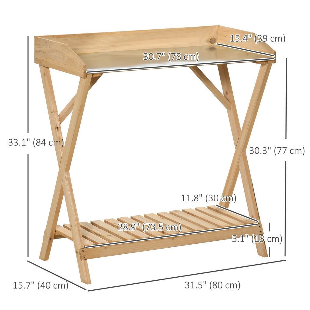 Garden Potting Bench Table, Wooden Work Station, Outdoor Planting Workbench w/ Galvanized Metal Tabletop and Storage Shelf