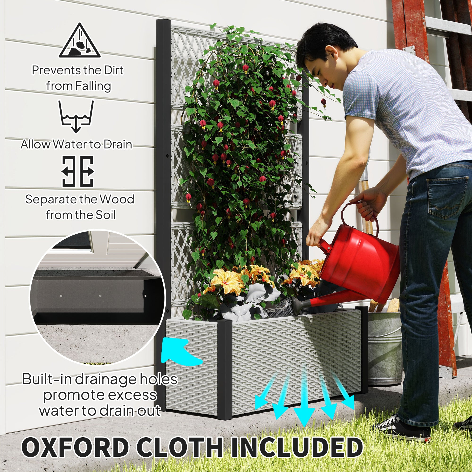Wicker Outdoor Planter with Trellis, 58" Standing Garden Bed with Liner, Drainage Holes for Climbing Plants, Mixed Grey