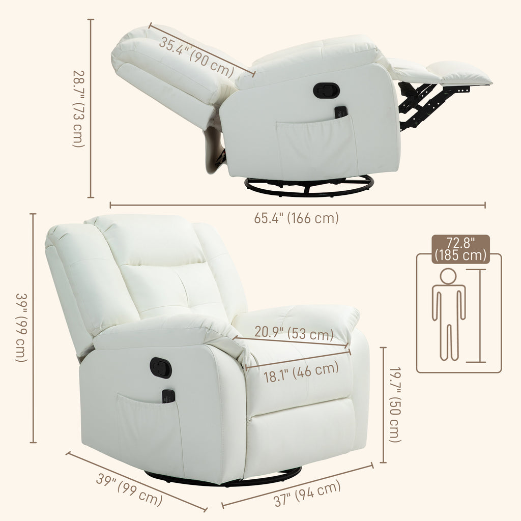 8-Point Vibration Massage Recliner Chair, PU Leather Manual Reclining Sofa, Swivel Nursery Rocking Chair with Remote Control, Side Pockets, for Living Room, Cream White