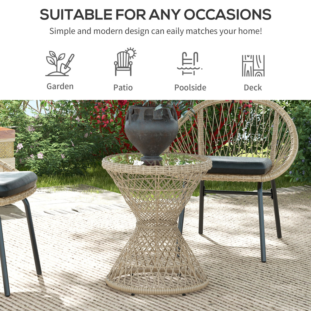 Wicker Outdoor Coffee Table, 18" Round Drum-Style Outdoor Patio Table with Tempered Glass Top, Light Brown