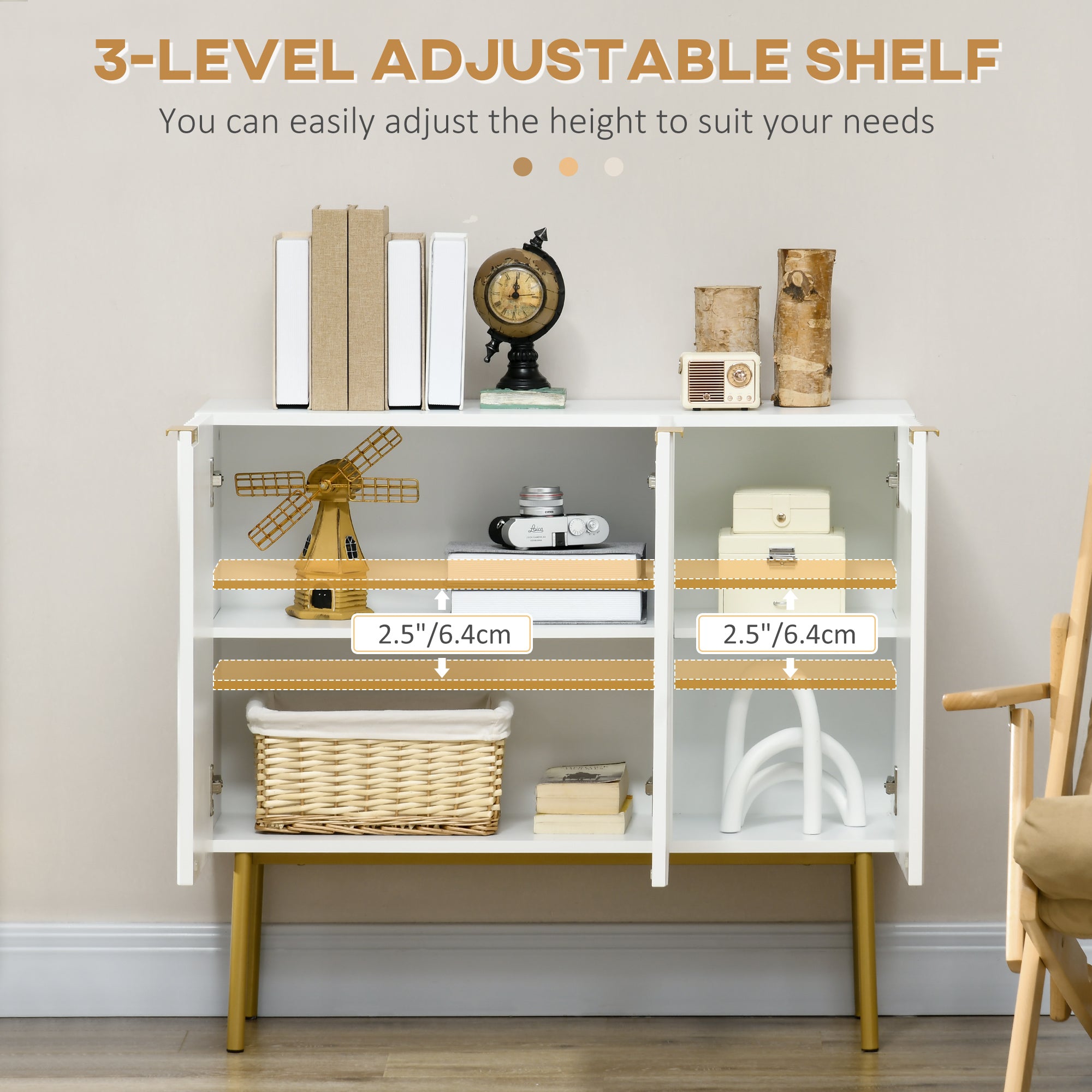 Modern Storage Cabinet Sideboard Buffet Cabinet with Gold Legs for Living Room Dining Room Hallway White