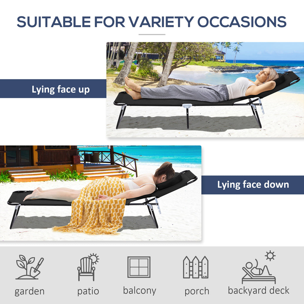 Folding Outdoor Lounge Chair, Portable Reclining Beach Lounger with Face Hole, Detachable Pillow, 4-Position Adjustable Backrest, For Patio, Garden, Poolside, Black