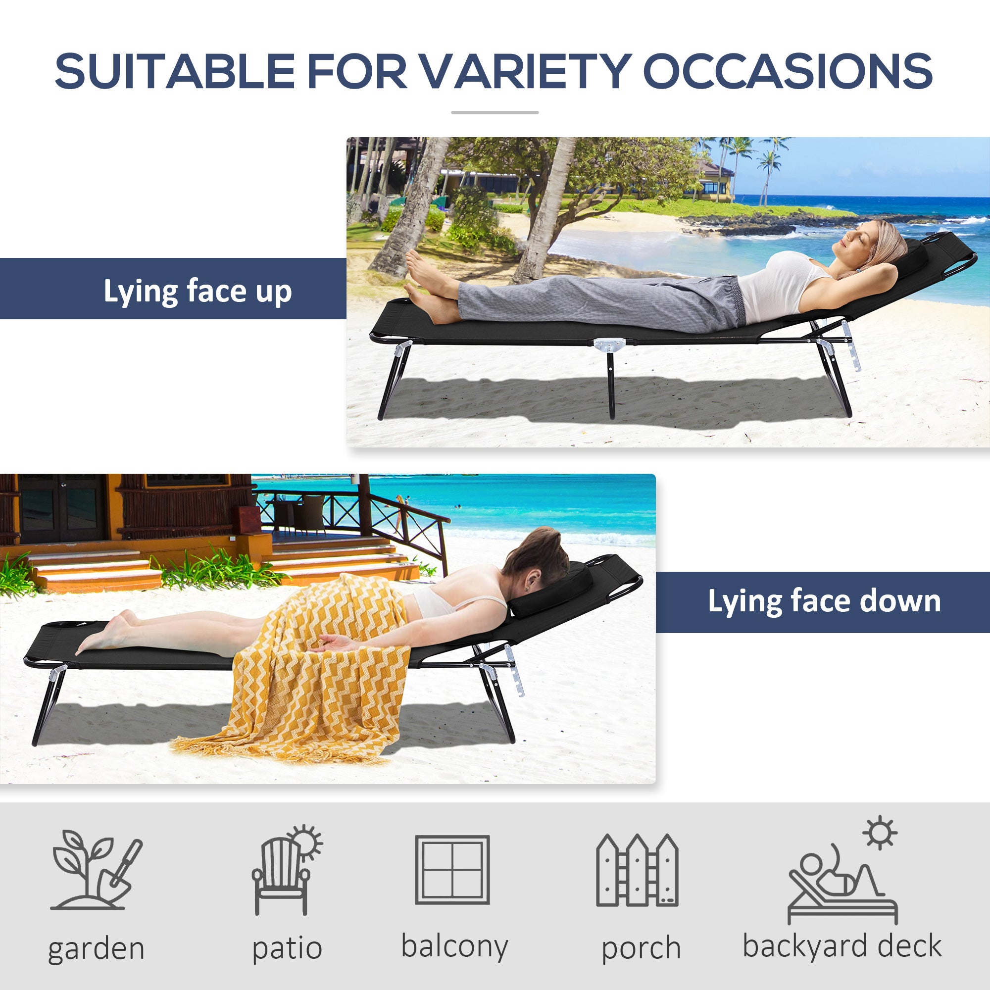 Folding Outdoor Lounge Chair, Portable Reclining Beach Lounger with Face Hole, Detachable Pillow, 4-Position Adjustable Backrest, For Patio, Garden, Poolside, Black