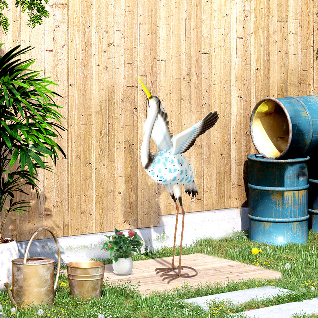 Flying Crane Garden Statue, 42.5" Standing Lawn Ornament, Steel Garden Decor Bird Statue with Stakes for Lawn Patio Backyard Decoration, Mixed Colour