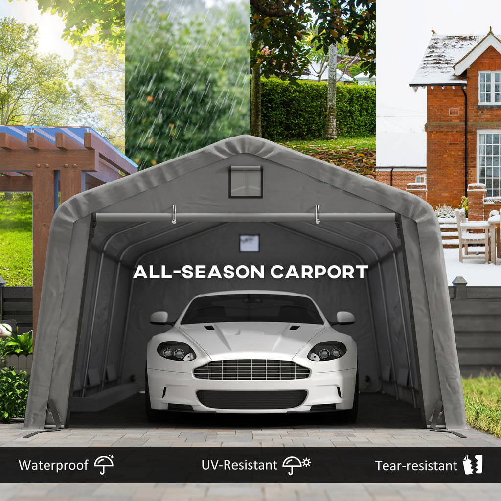 12' x 20' Portable Garage, Heavy Duty Carport Canopy with Ventilation Windows and Large Roll-up Door, Light Grey