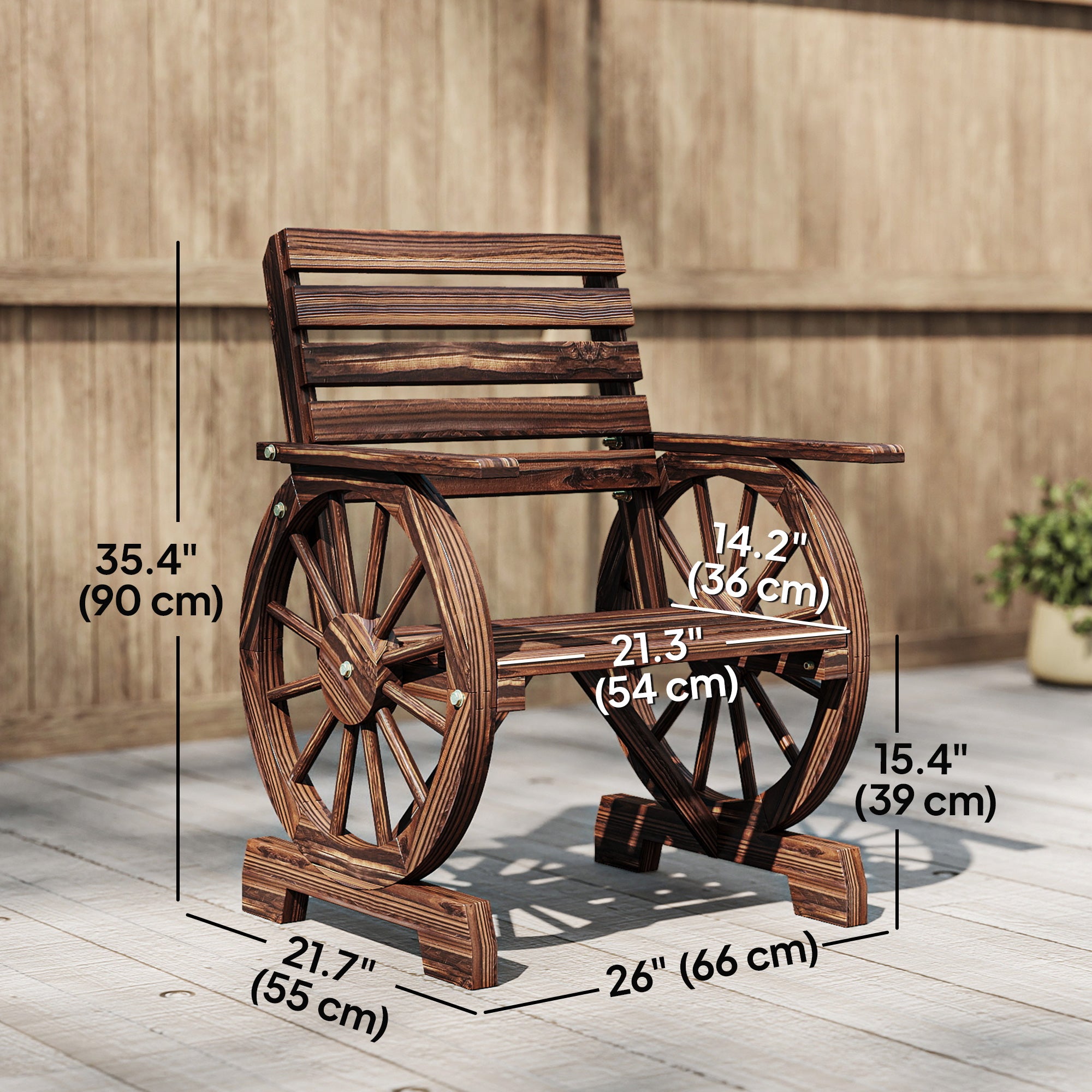 Wood Outdoor Patio Chair, Lounge Chair with Wagon Wheel Armrests, Slatted Wide Seat, Slanted Backrest, Carbonized