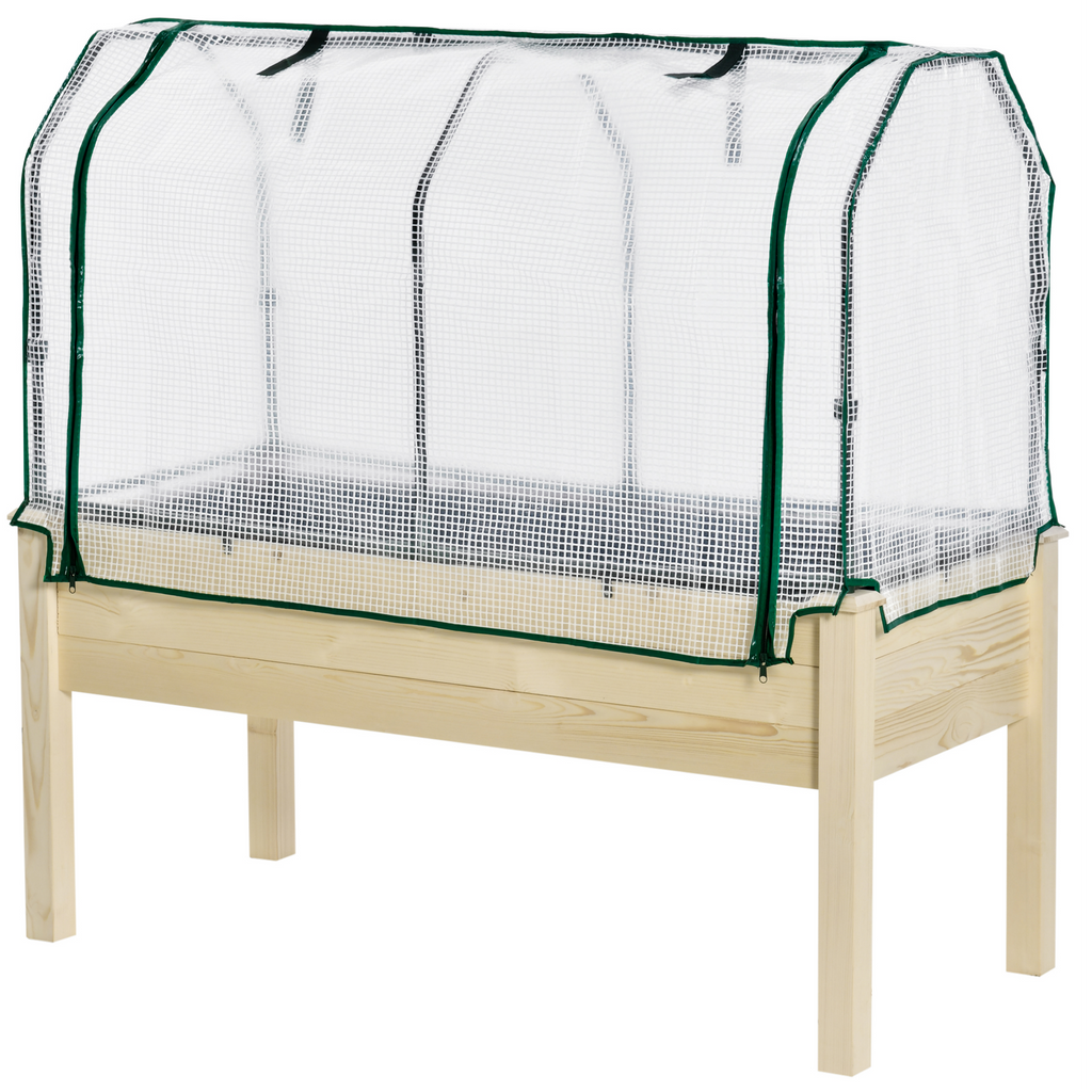 Raised Garden Bed with PE Greenhouse Cover Outdoor Elevated Wood Planter Box for Herbs and Vegetables, Use for Patio, Backyard, Balcony, 48 x 22 x 46 inch, Natural