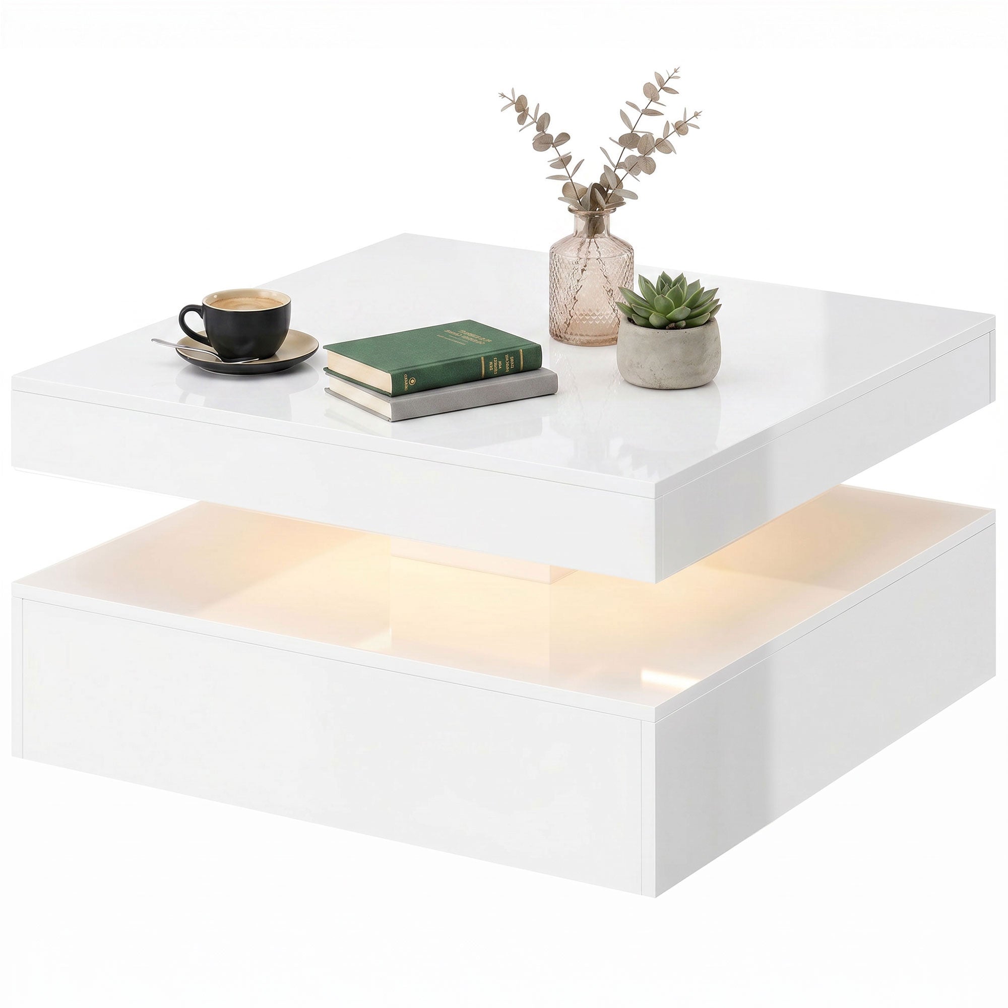 LED Coffee Table with Storage, 2-Tier Modern Center Table with Open Shelf and Remote for Living Room, High Gloss White
