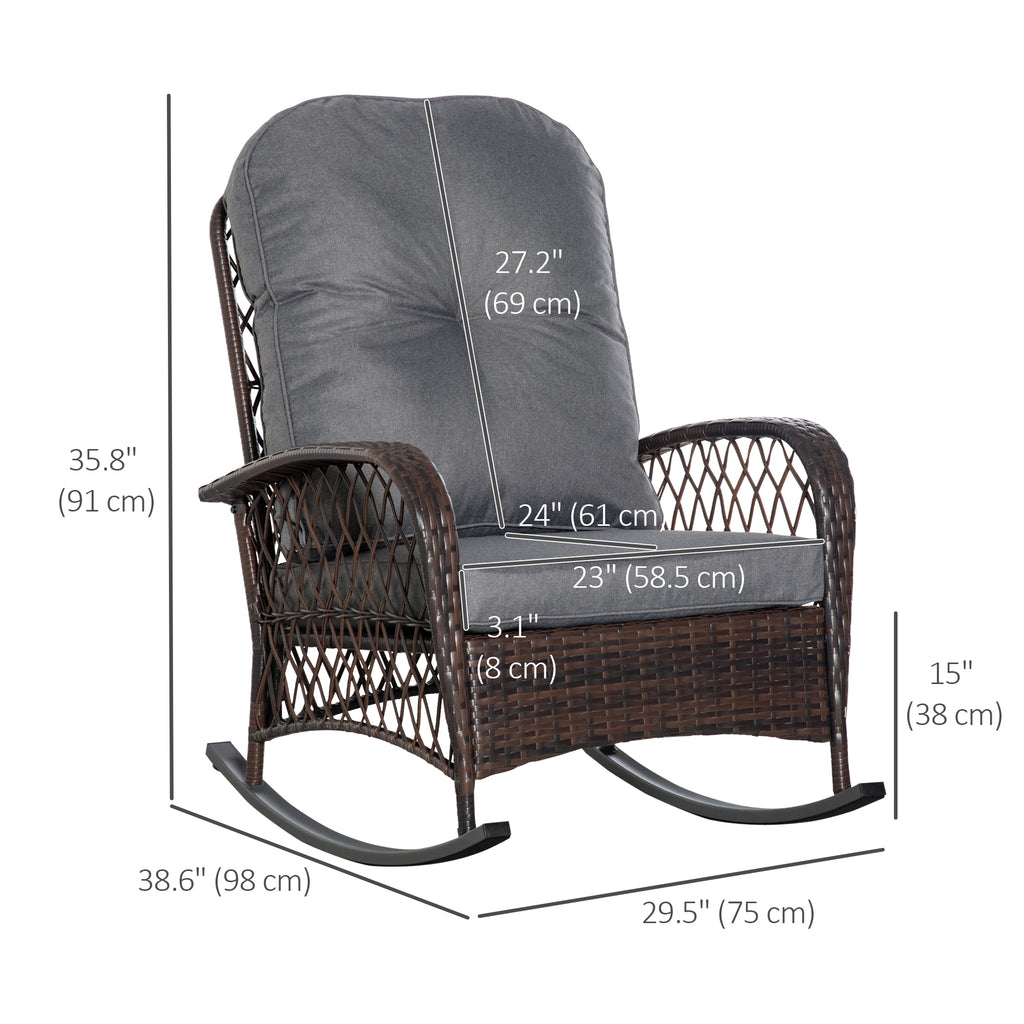 Rattan Rocking Chair, Outdoor Wicker Patio Rocker Chair Furniture with Thick Cushions, for Garden Backyard Porch, Grey