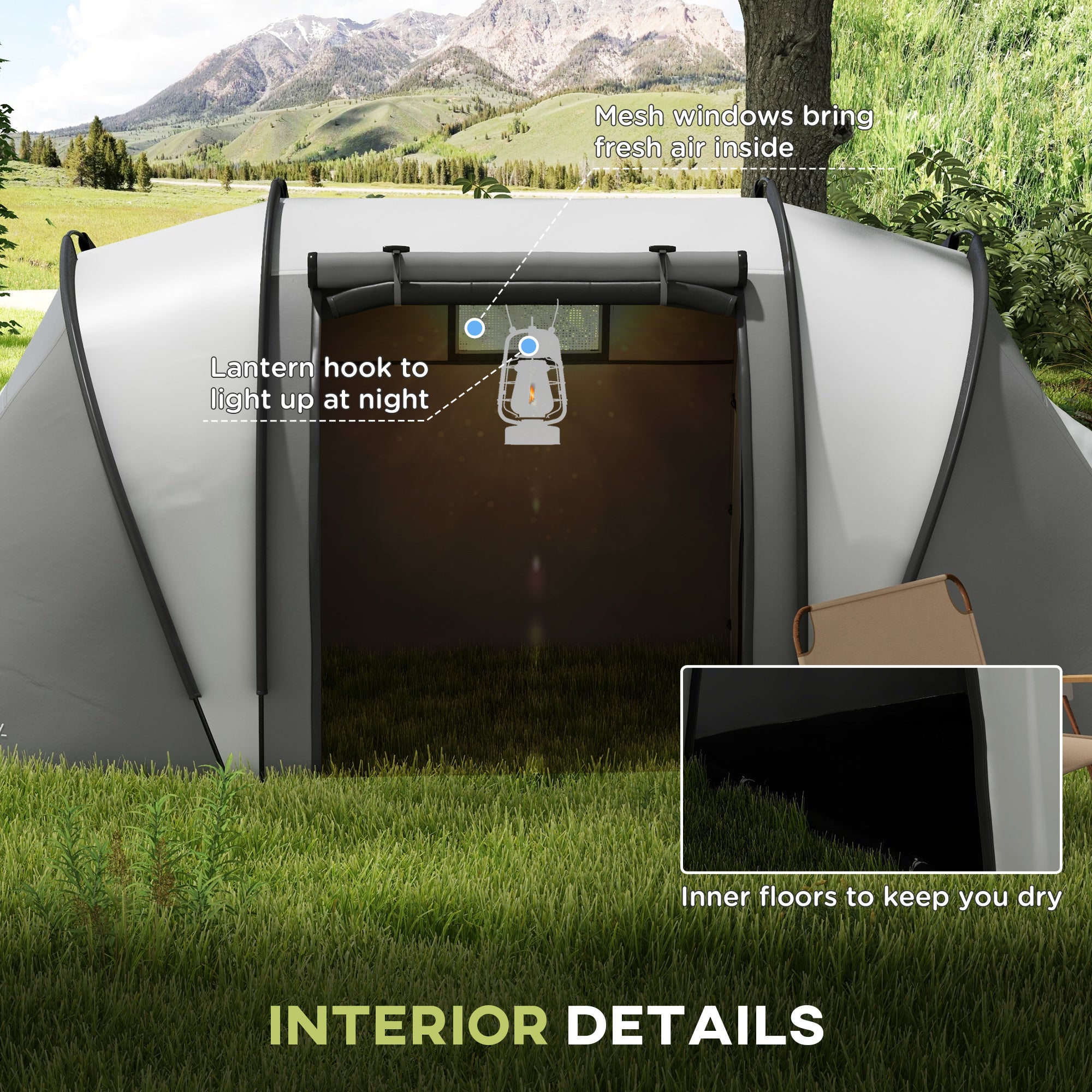 Camping Tent with 2 Bedrooms and Living Area, 3000mm Waterproof Family Tent, for Fishing Hiking Festival, Grey