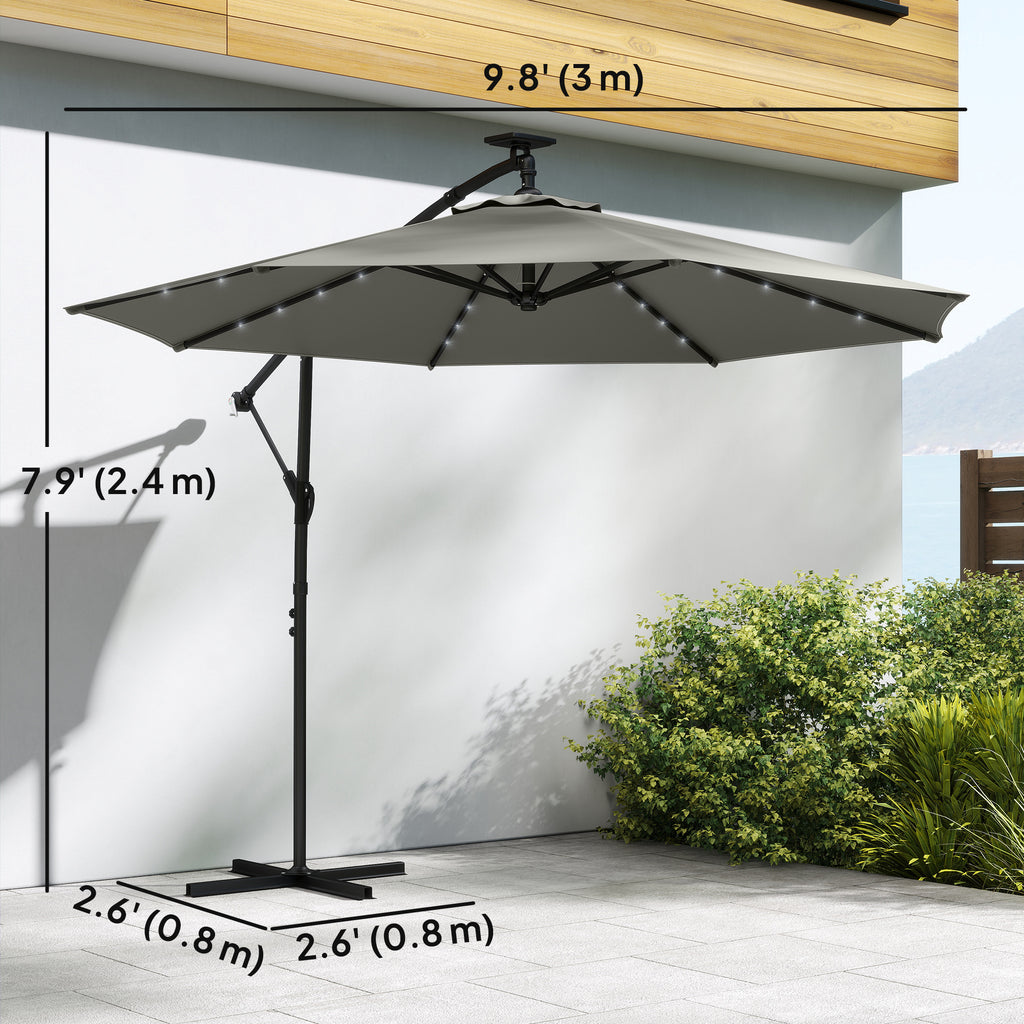 9.7 ft Cantilever Patio Umbrella with Solar Light, Garden Hanging Parasol with Cover, Tilt, Crank, Grey