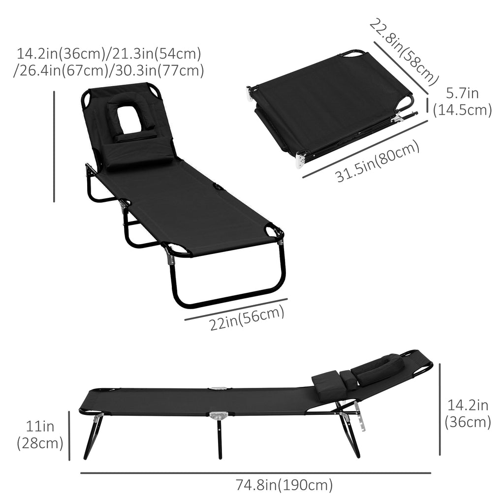 Folding Outdoor Lounge Chair, Portable Reclining Beach Lounger with Face Hole, Detachable Pillow, 4-Position Adjustable Backrest, For Patio, Garden, Poolside, Black