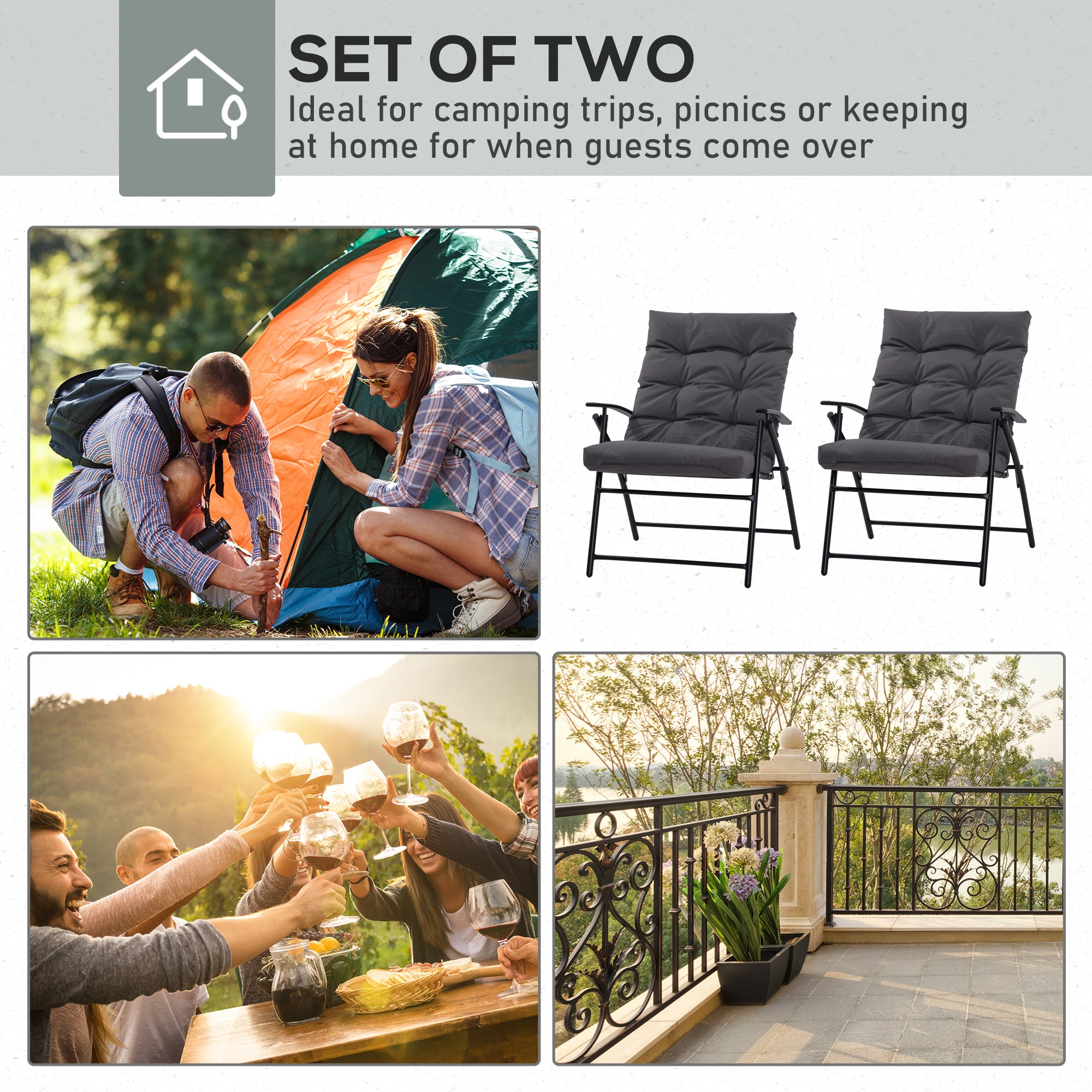 Set of 2 Outdoor Folding Chairs with Adjustable Backrest, Padded Camping Chairs for Outdoor Events, Grey