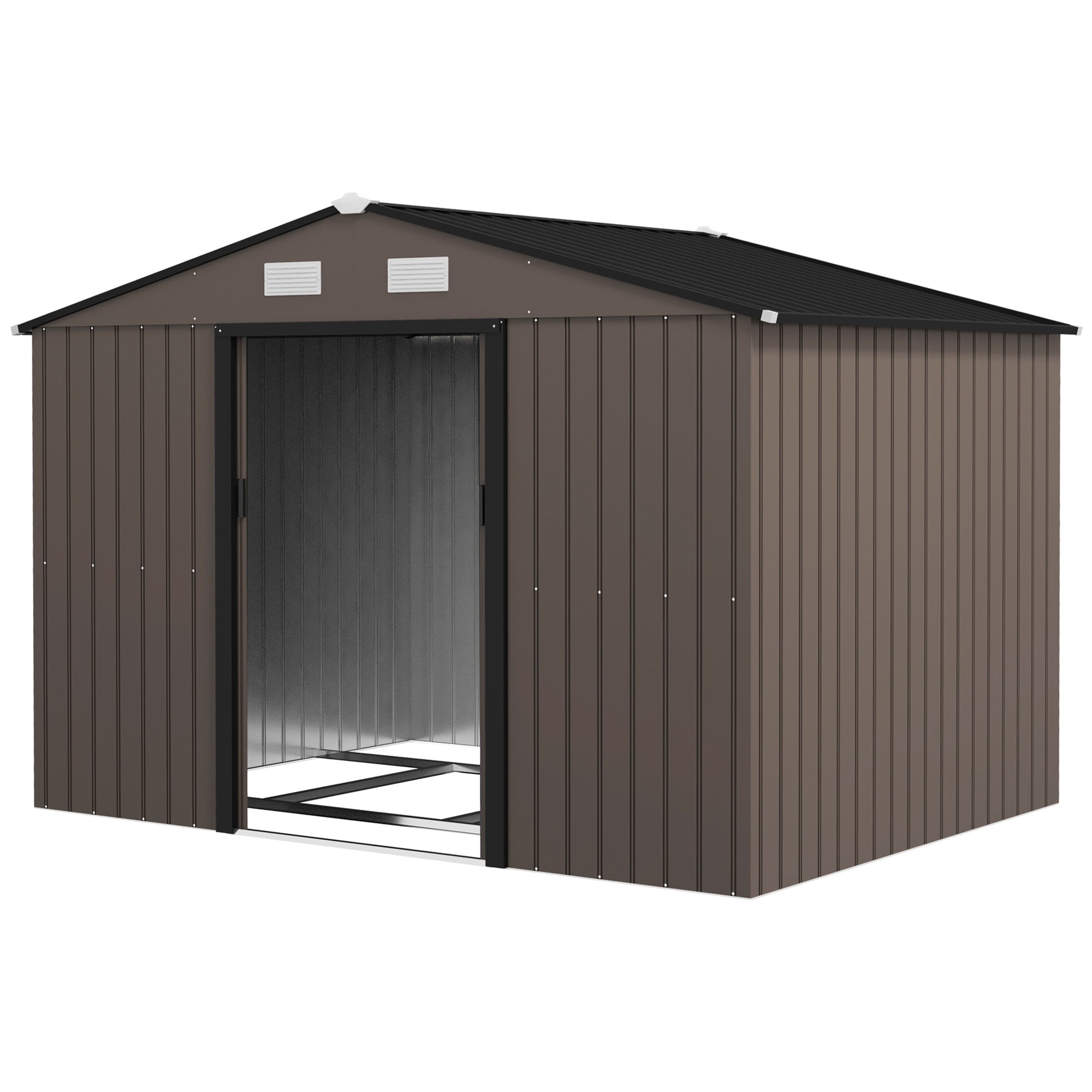 9.1'x6.4'x6.3' Garden Storage Shed w/ Foundation Kit Metal Tool Storage House w/ Double Doors Brown