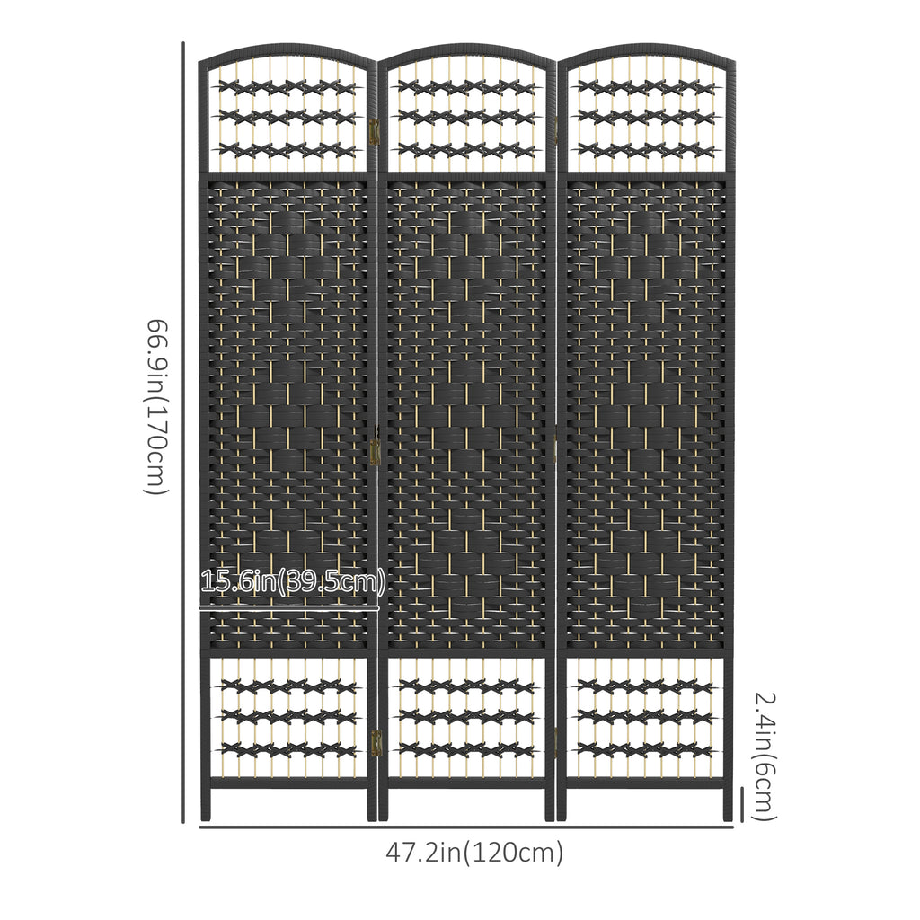3 Panel Folding Room Divider, Portable Privacy Screen, Wave Fiber Room Partition for Home Office, Black