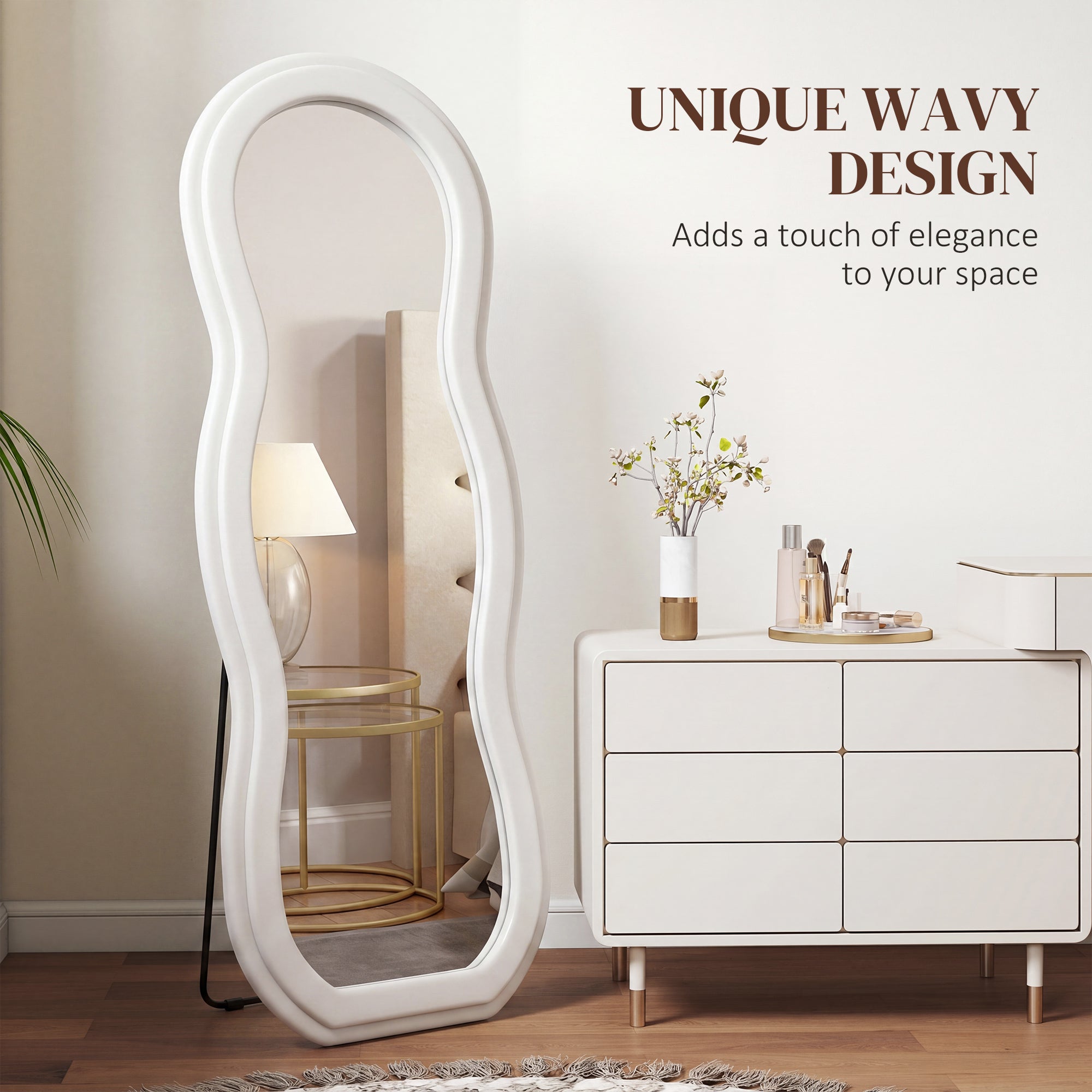 64" x 24" Full Length Mirror, Floor Mirror Hanging or Wall Mount, with Arched Wavy Velvet Frame for Bedroom