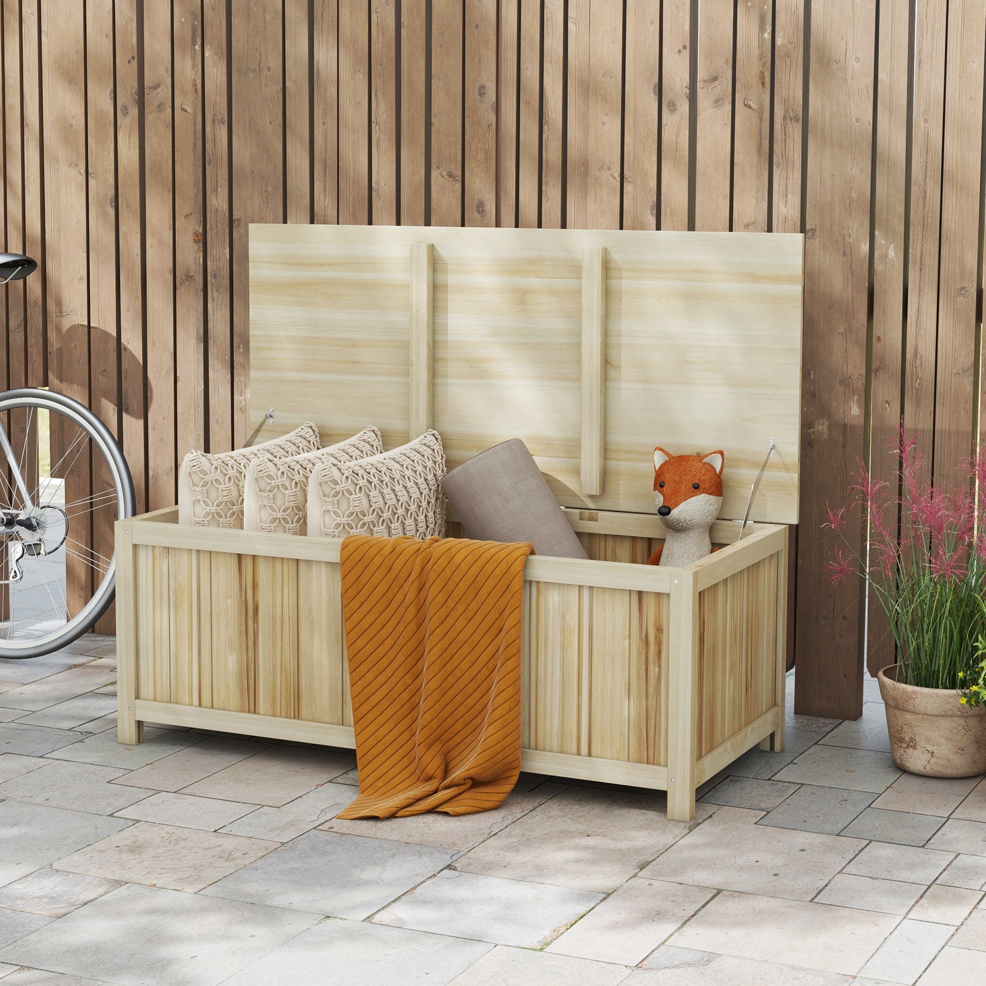 45 Gallon Wooden Storage Box patio Deck Box Bench, Garden Backyard Outdoor Storage Container, Natural