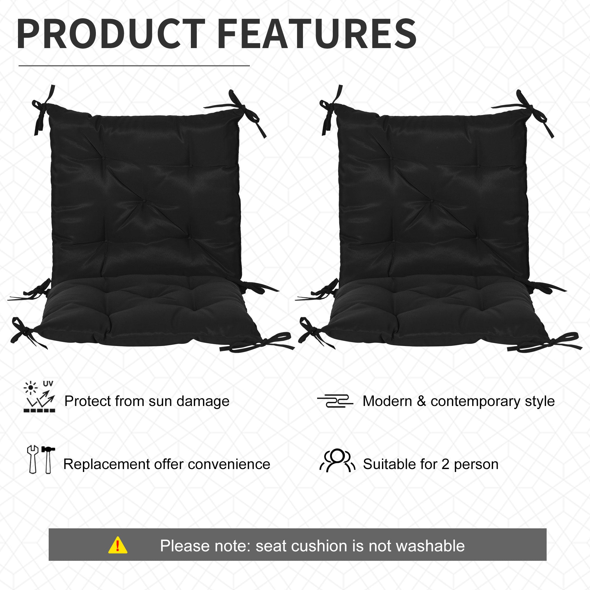Patio Chair Cushions Set of 2, 39" x 20" x 3" Outdoor Tufted Cushion Set with Ties for Indoor Outdoor Garden Furniture, Black