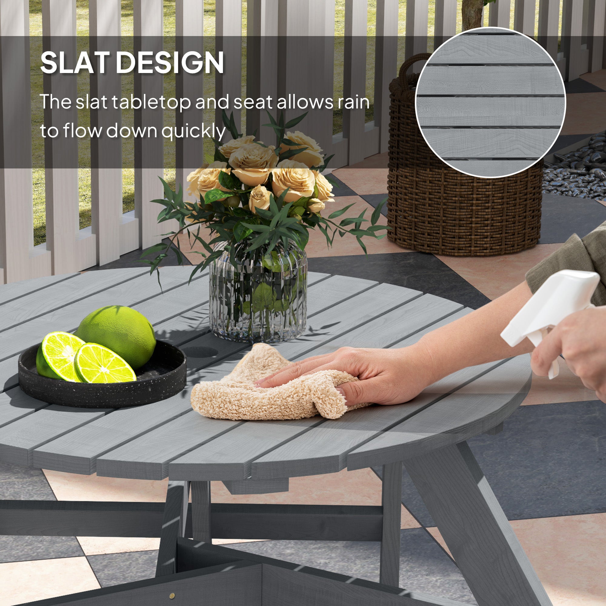 6 Person Round Picnic Table Bench Set with Umbrella Hole, Wood Patio Table with 3 Built-in Benches for Garden, Deck, Backyard, Grey