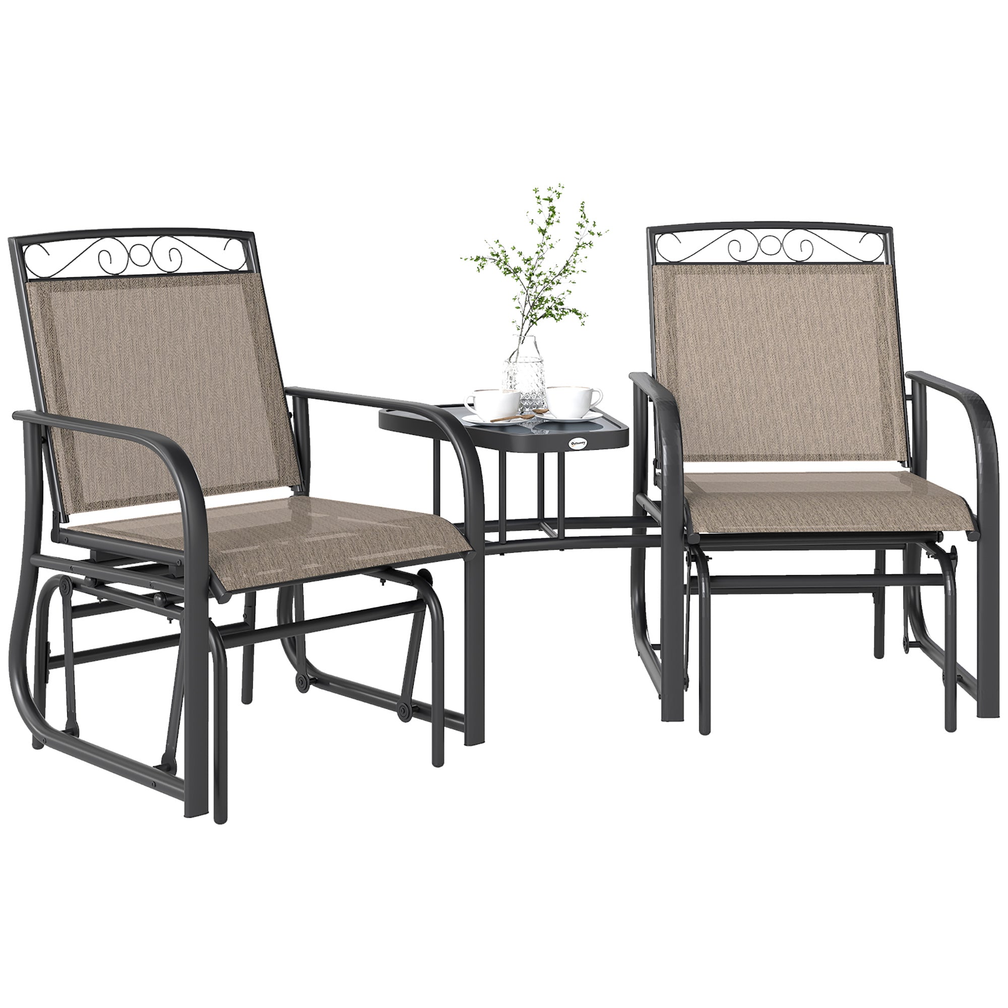 Outdoor Glider Bench with Coffee Table, Patio 2-Seat Rocking Chair Swing Loveseat with Breathable Sling for Backyard Garden Porch, Brown