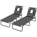 Folding Lounge Chair Set of 2, Reclining Beach Tanning Chair with Face Hole, Pillow, 4-Position Adjustable Flat Sun Lounger, Steel Frame for Outdoor Patio Pool, Grey