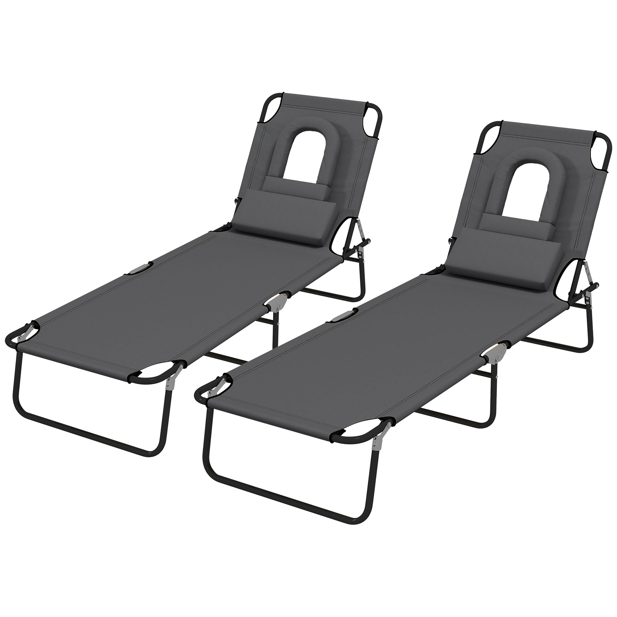 Folding Lounge Chair Set of 2, Reclining Beach Tanning Chair with Face Hole, Pillow, 4-Position Adjustable Flat Sun Lounger, Steel Frame for Outdoor Patio Pool, Grey