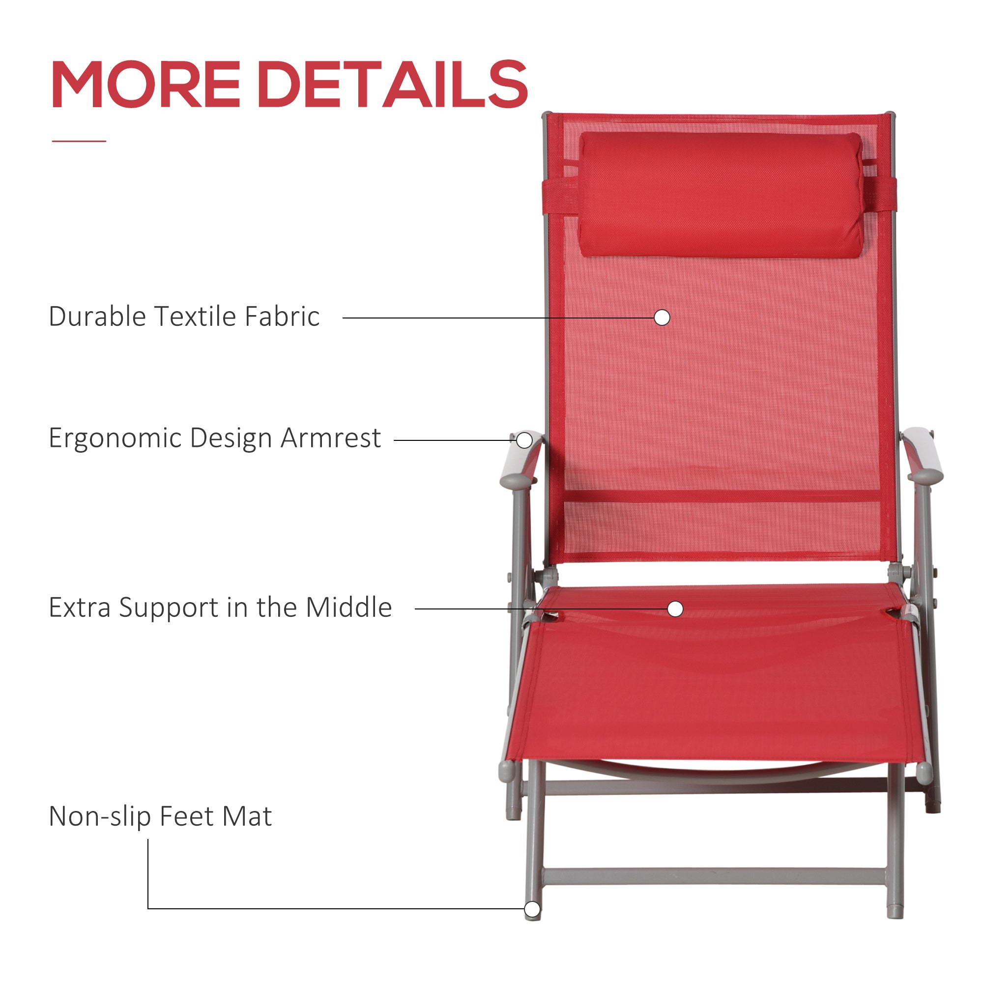 Outdoor Folding Chaise Lounge Chair Steel Portable Recliner with 7 Adjustable Backrest Positions, Red