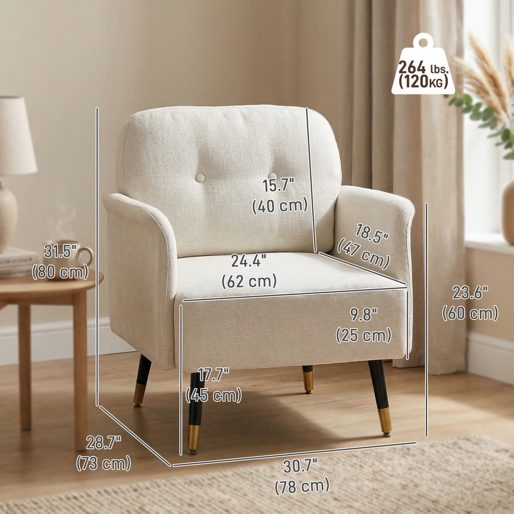 Accent Chair Modern Tufted with Metal Legs Upholstered Reading Armchair for Living Room Cream White