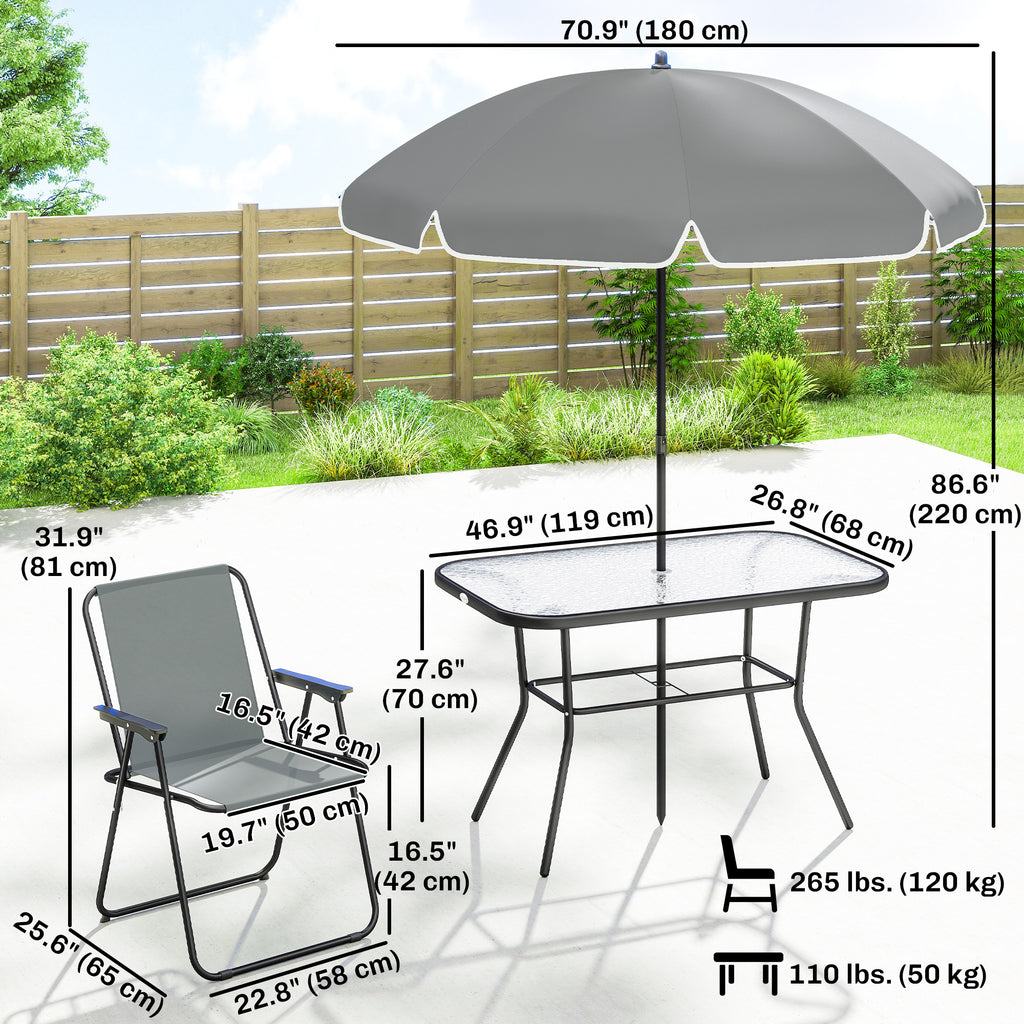 8 Piece Patio Table and Chairs Set with Folding Chairs, Tempered Glass Tabletop and Umbrella for Garden, Grey
