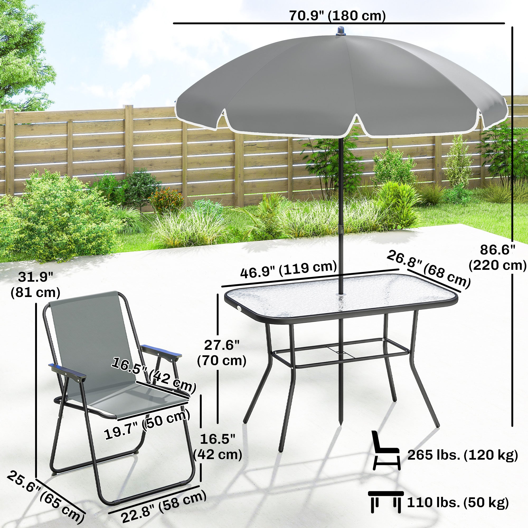 8 Piece Patio Table and Chairs Set with Folding Chairs, Tempered Glass Tabletop and Umbrella for Garden, Grey