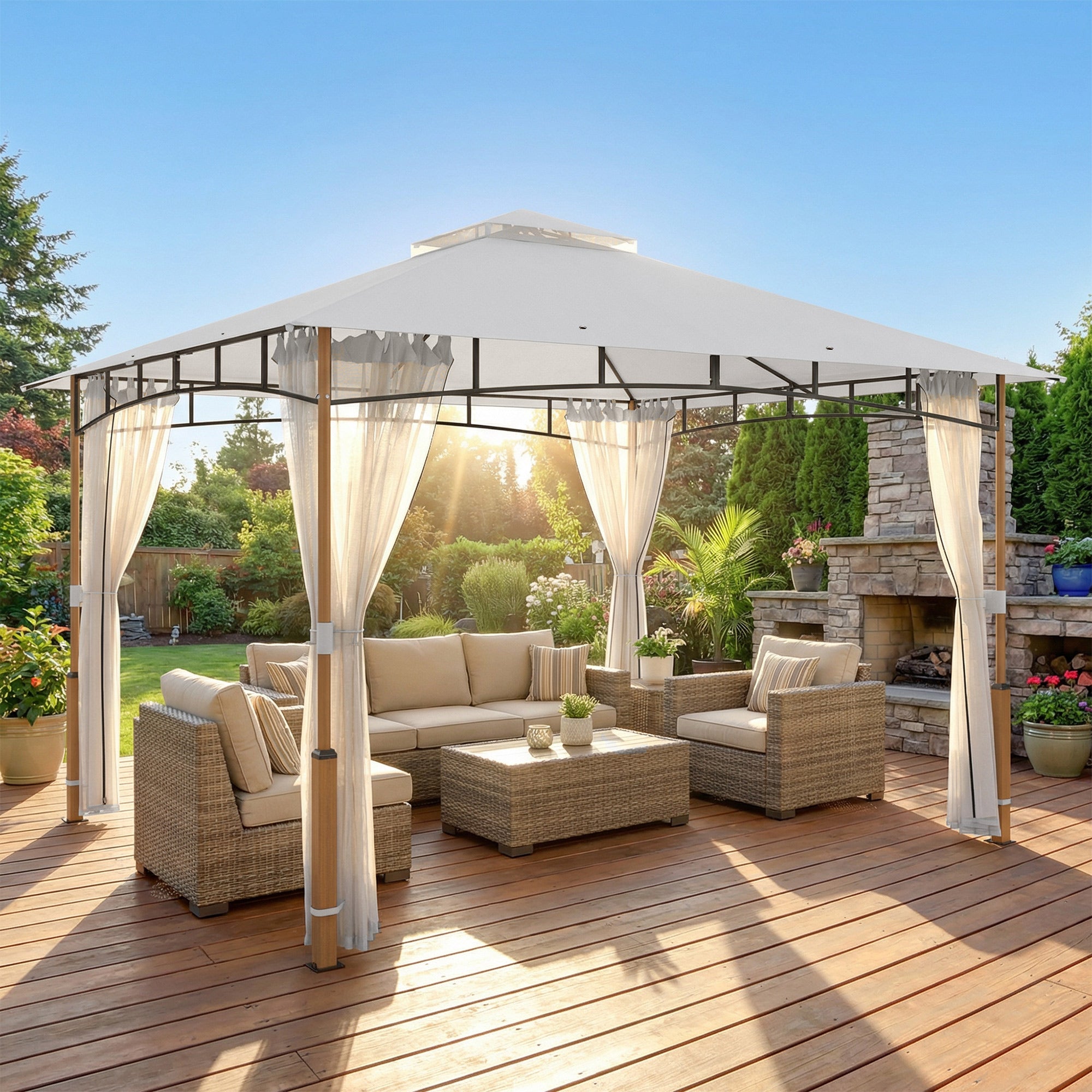 10' x 12' Patio Gazebo, UPF50+ Double Roof Outdoor Gazebo Canopy Shelter with Netting for Backyard, Patio, Cream White