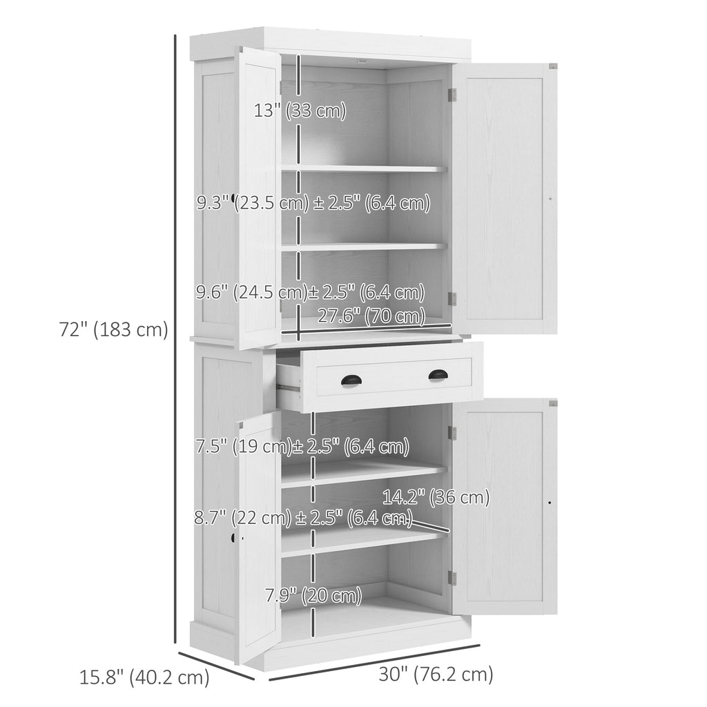 72" Tall Pantry Cabinet, Kitchen Storage Cabinet with 4 Doors, Drawer and 2 Adjustable Shelves, White